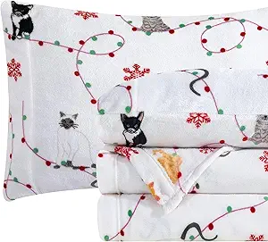 Elegant Comfort Luxuriously Soft 4-Piece Holiday Velvet Plush Flannel Sheet Set - Premium Quality - Cozy Warm, Christmas Fuzzy Velvet Flannel Fleece Deep Pocket Sheet Set - Cal King, Jingle Cats
