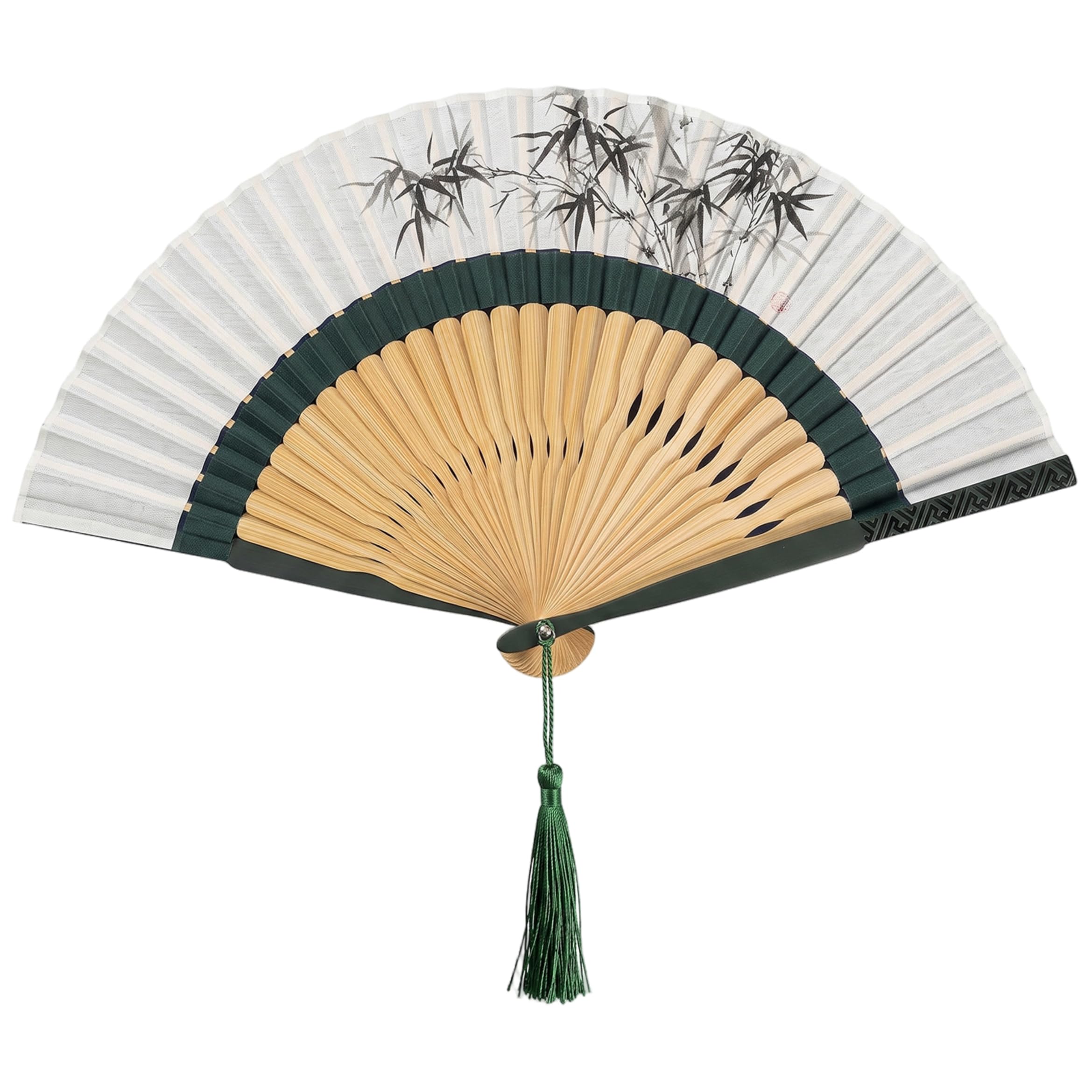 Folding Hand Fan, Chinese Fan With Cotton Linen Ink Painting Surface, Double-section Bamboo Ribs & Tassel Decor Style 3, Hand Foldable