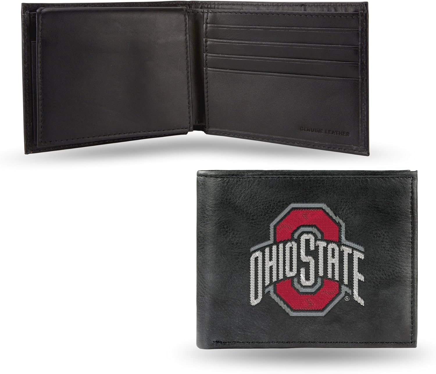 Rico Industries NCAA Embroidered Leather Billfold Wallet, Ohio State Buckeyes, Black, 3.25 x 4.25-"