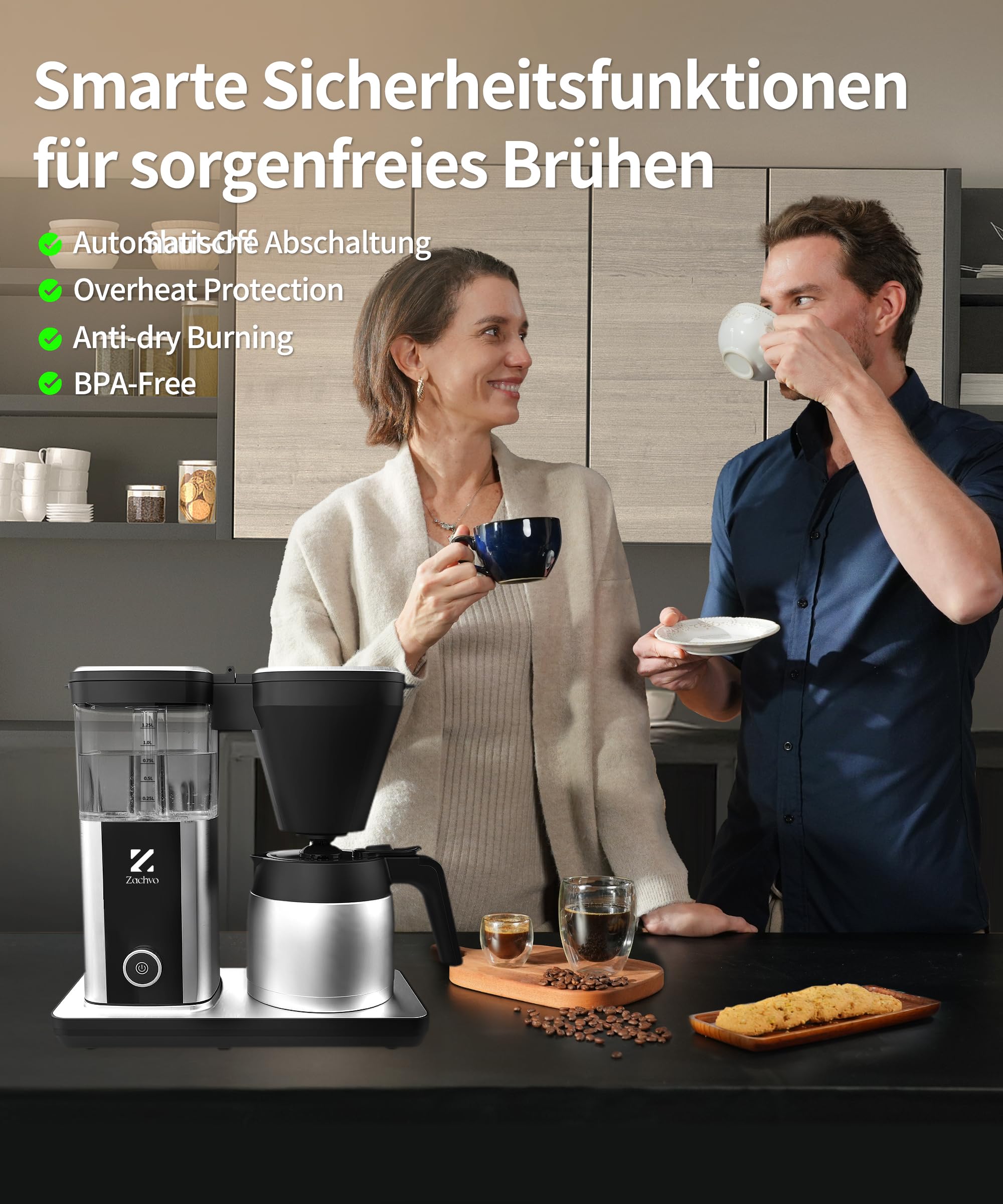 cafetera de goteo con jarra térmica y depósito de 1,25 L, cafetera eléctrica filtro 10 tazas, sistema antigoteo, apagado automático, acero inoxidable, PID 92 °C, 4,5 min preparación rápida