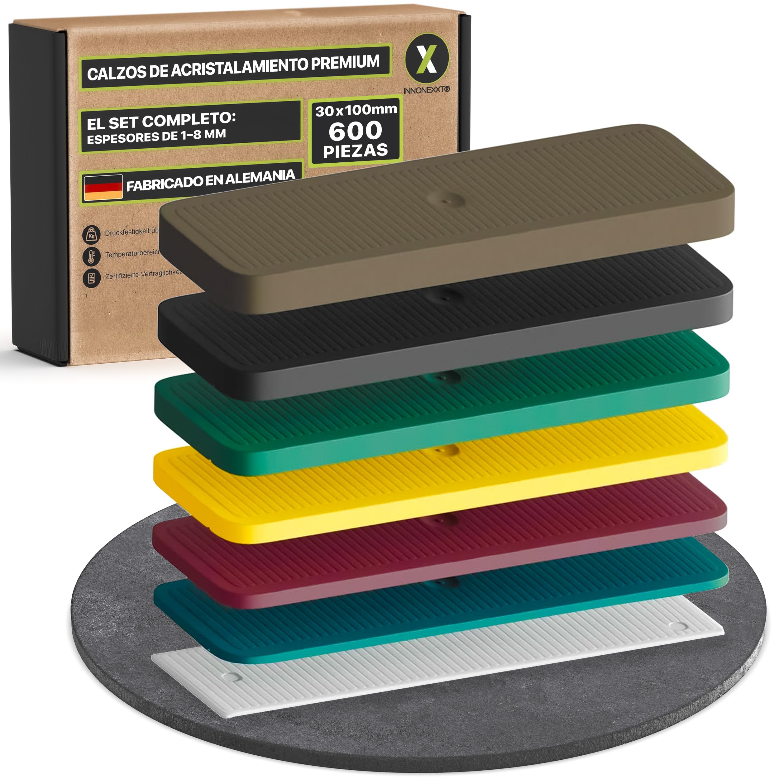 cuñas para cristales | 30 x 100 mm 600 piezas en juego: 1, 2, 3, 4, 5, 6, 8 mm | cuña, cuñas plastico, guillotina para parquet, cuña de plástico | Fabricado en Alemania