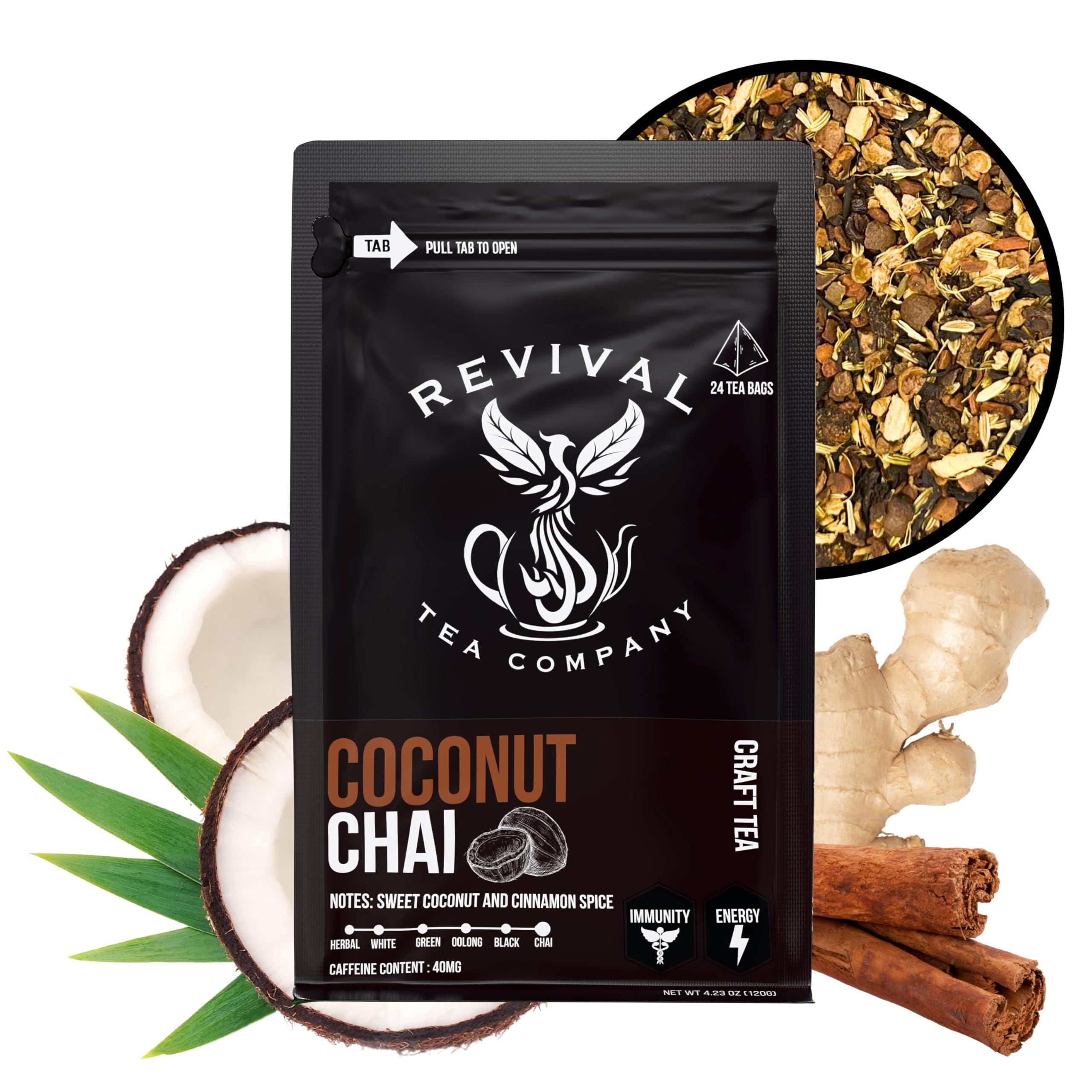 Revival Tea Company Coconut Chai Tea - Black Tea Blend with Fresh Spiced Chai and Coconut Flavor - 24 Tea Bags