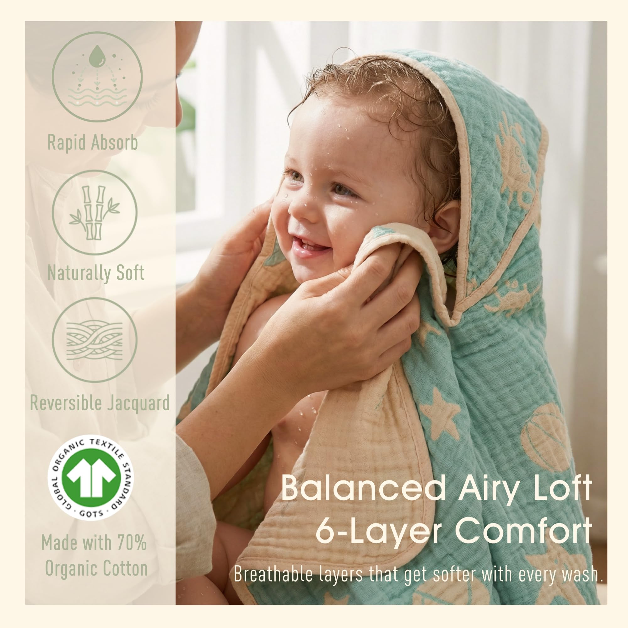 Glattol HardNok Bamboo Muslin Baby Towel Hooded,32 x 32 Inches Silk Soft and Comfortable 6 Layer Large Bath Towel for Boys,Girls(Ocean Green)…