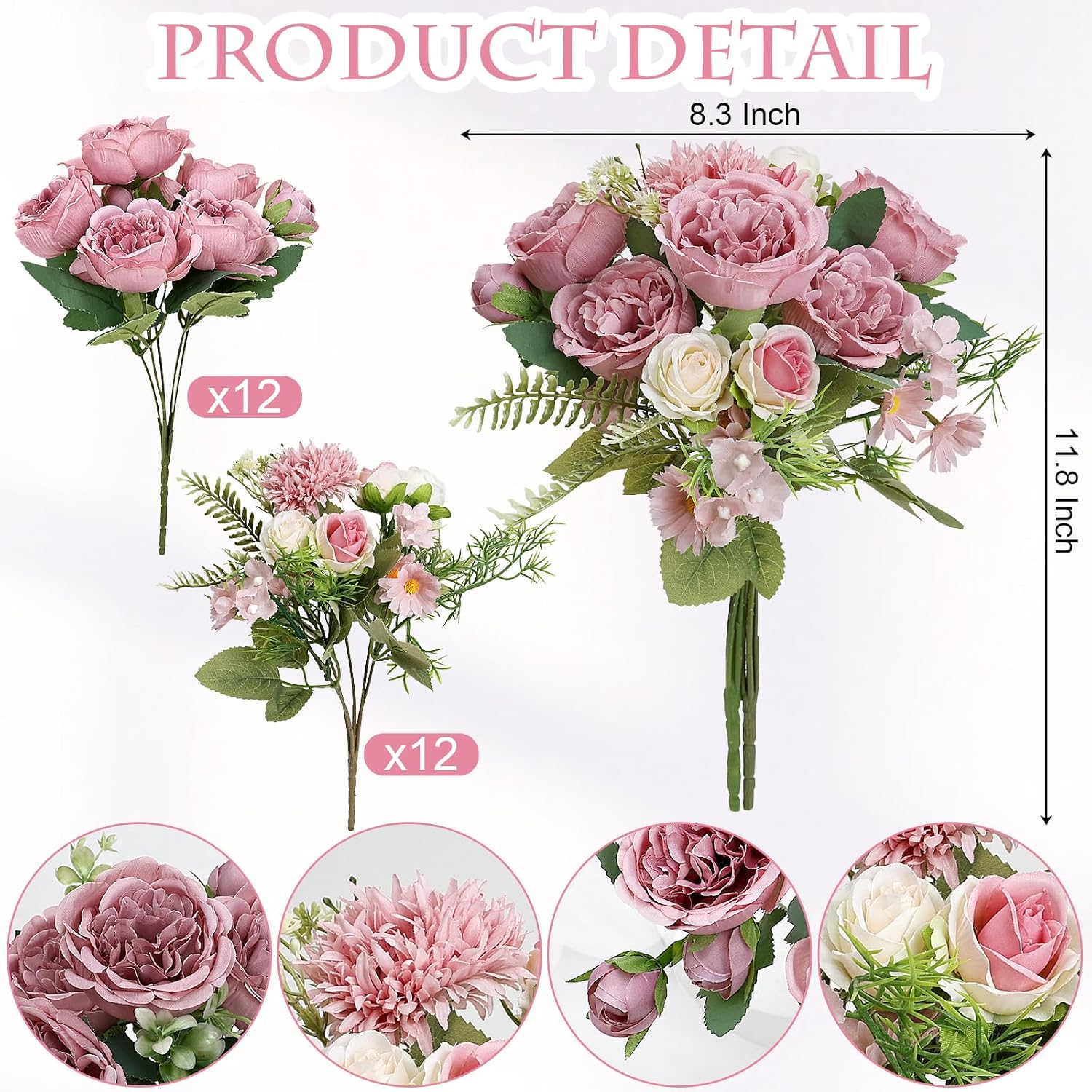 Bundles Artificial Flowers, 24 Bundles Silk Fake Roses Peonies with Stems Faux Flower Bundles for Spring Summer Wedding Bouquet Home Bridal Baby Shower Party Centerpieces Vase Office(Pink)