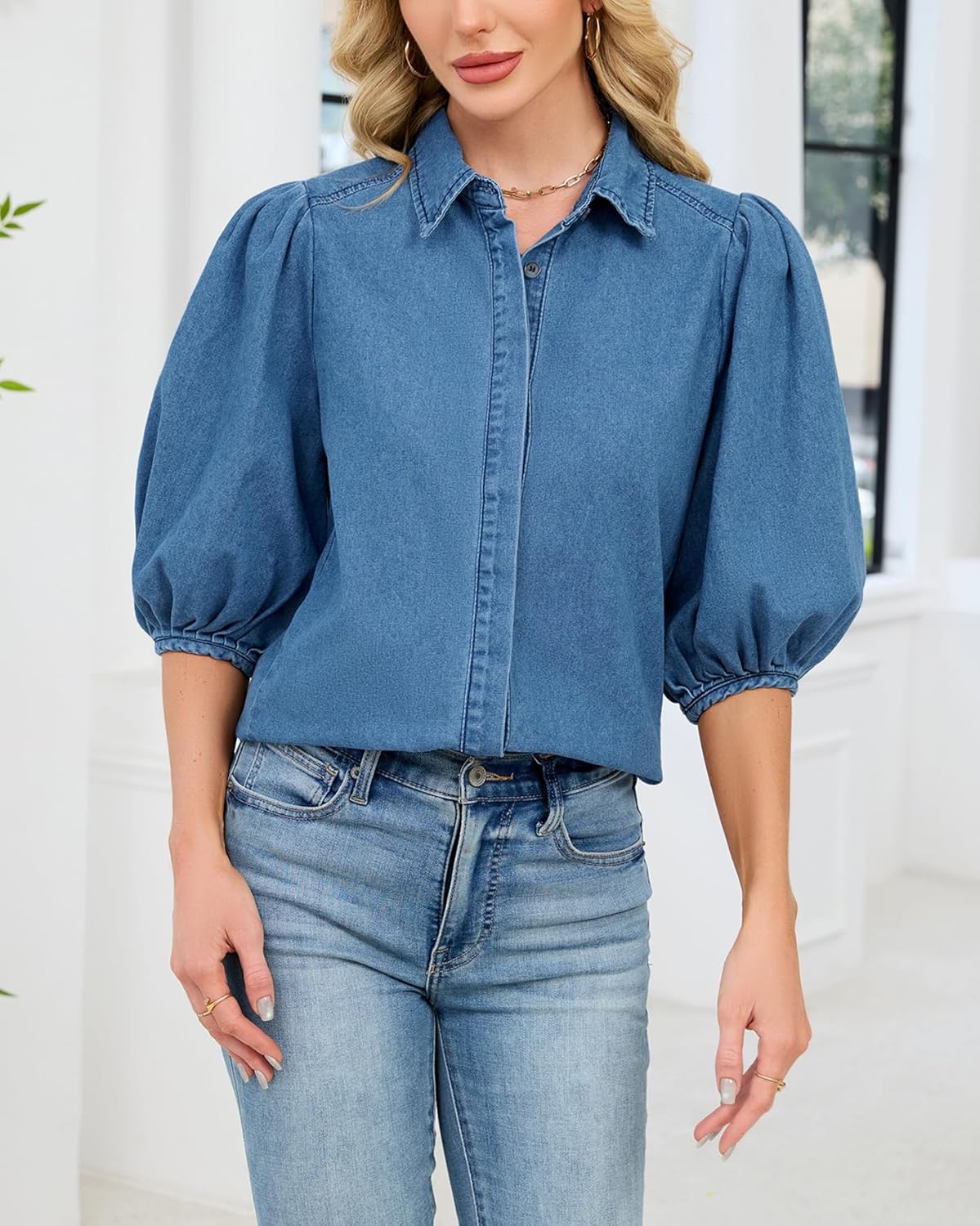 Women's Puff Sleeve Denim Shirt Button Down Lightweight Casual Jean Blouses - Image 2