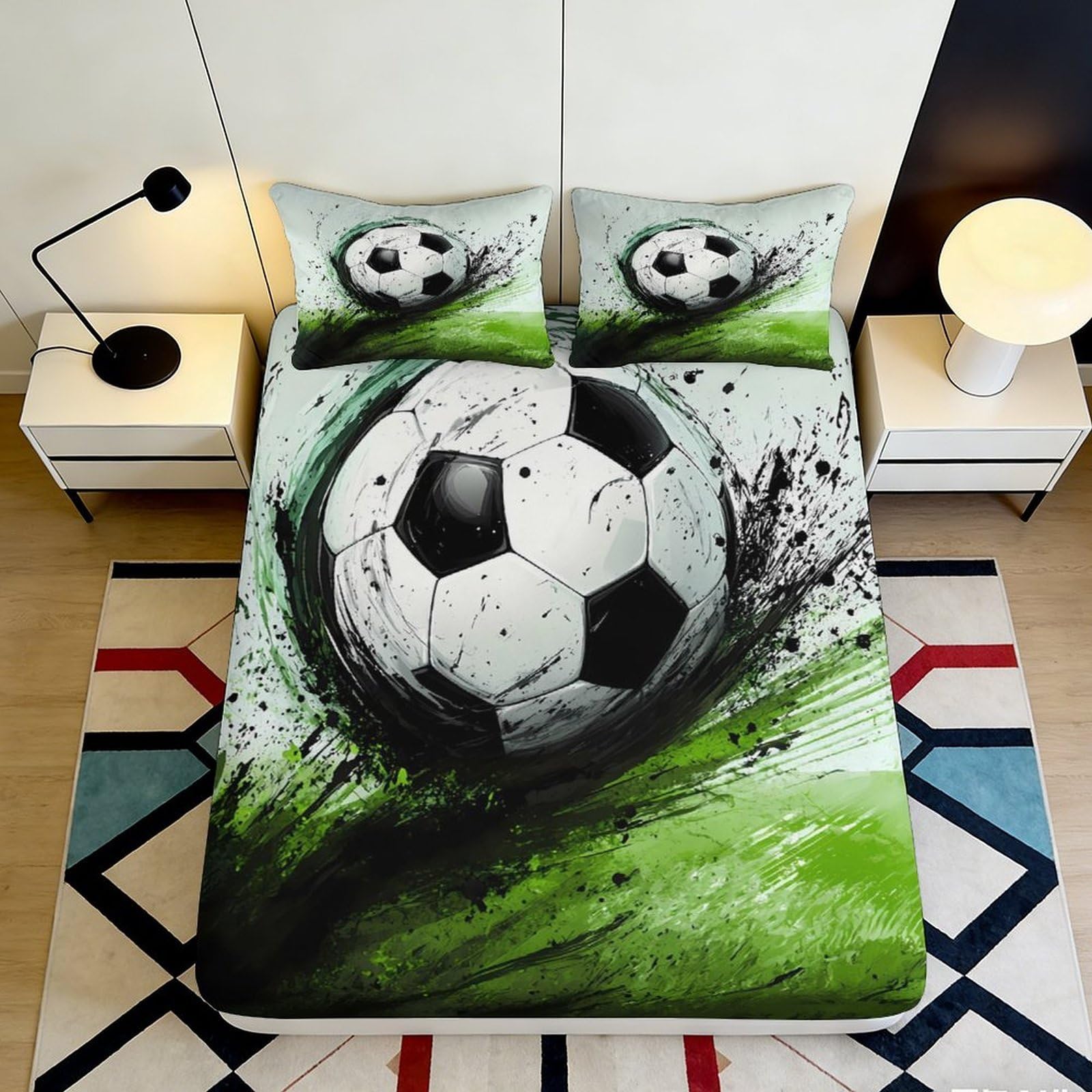 3D Printed Football Splash Fitted Sheet Microfiber Soft Breathable Soccer Bed Cover for Bedroom Dorm Decor 90x200x25cm