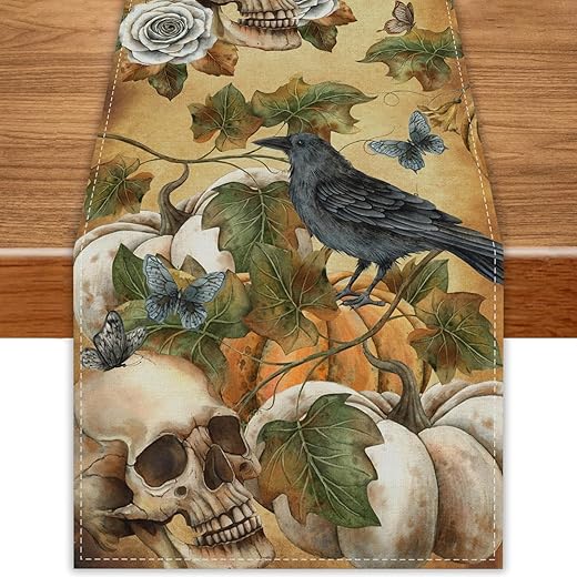 Skull Crow Pumpkin Halloween Table Runner