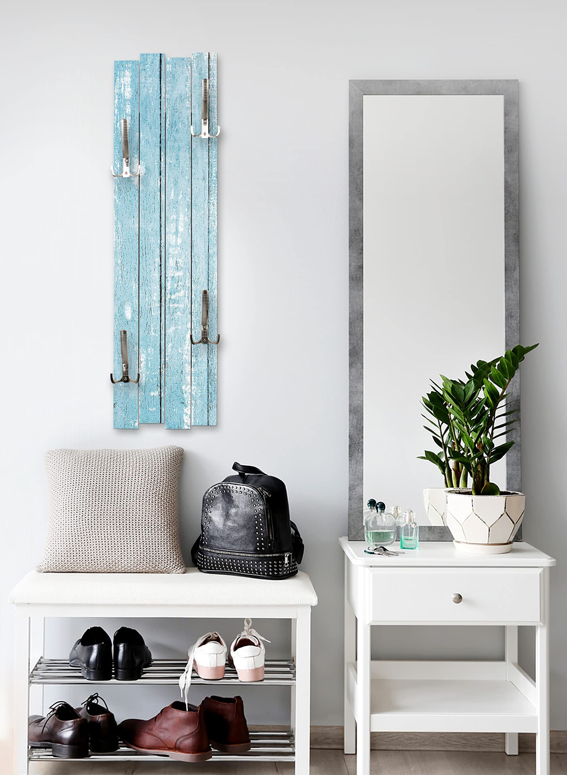 Kreative Feder Wand-Garderobe Altes Holz hellblau Shabby-Chic Vintage ca. 100x30cm mit vier Haken (Altes Holz hellblau)