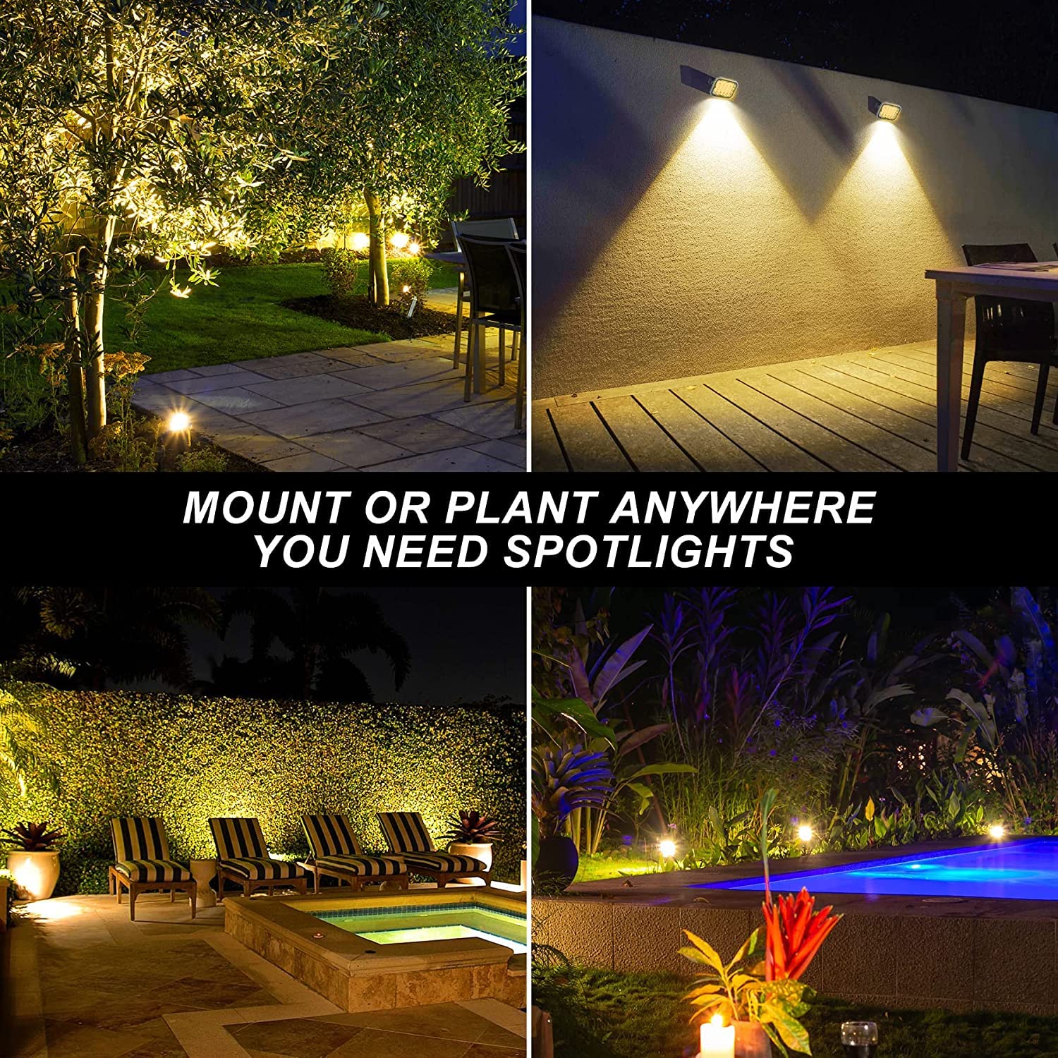 NATPOW Foco Solar Exterior para Jardín, Focos Led Exterior Solares 4 en 1, Luz Solar Jardin Impermeable IP65, Foco Solar Auto-ON/OFF para Árboles, Patio, Sendero de Jardín (3000K)