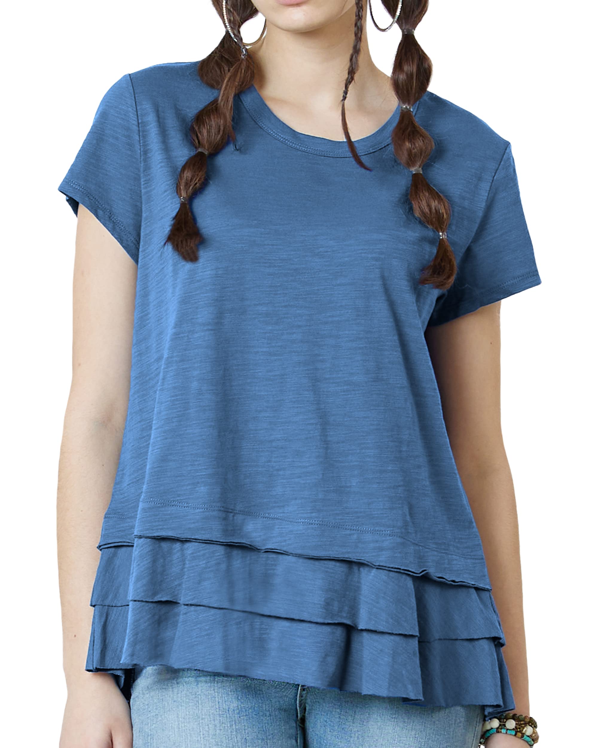 noflik 100% Cotton Slub Layered Ruffle Hem Short Sleeve Tee
