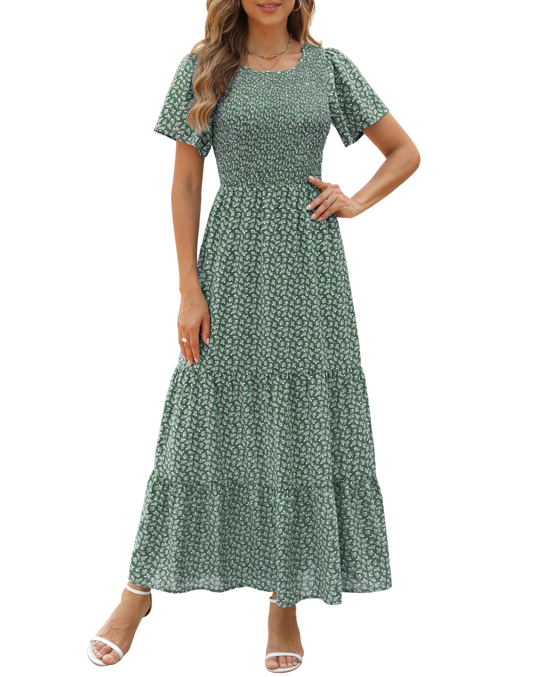 Kranda Women 2025 Summer Fall Crewneck Short Sleeve Smocked Floral Maxi Dress
