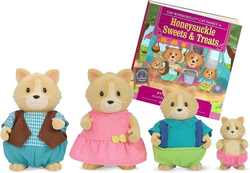 Juego de figuras de la familia de gatos Li'l Woodzeez con libro de cuentos, Whiskerelli y juegos | 4 figuras de gatos más un libro de cuentos de Honeysuckle Sweets & Treats; cabezas, brazos y piernas articulables; pelaje suave; compatible; 3+ años