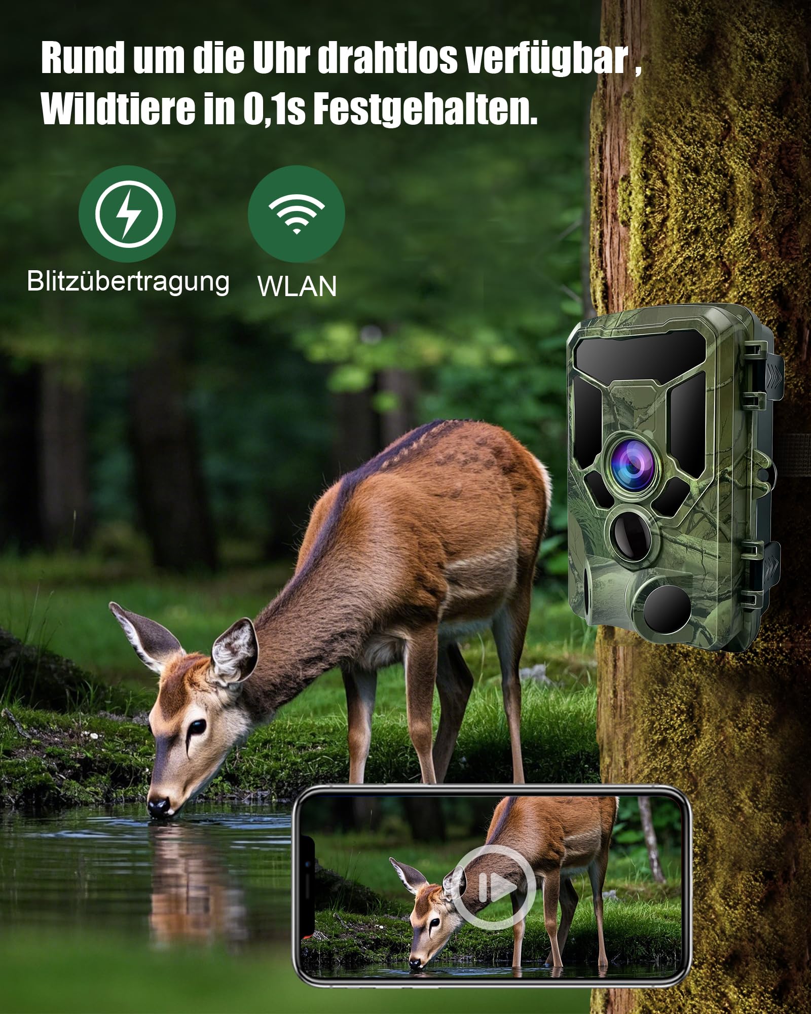 HAZA 4K WLAN Wildkamera mit App 60MP HD Wildtierkamera mit 940nm Nachtsicht Bewegungsmelder WiFi Jagdkamera mit SD Karte,120°Weitwinkel,0.1s Trigger,IP66 für Wildüberwachung/Deer Scouting (4K)