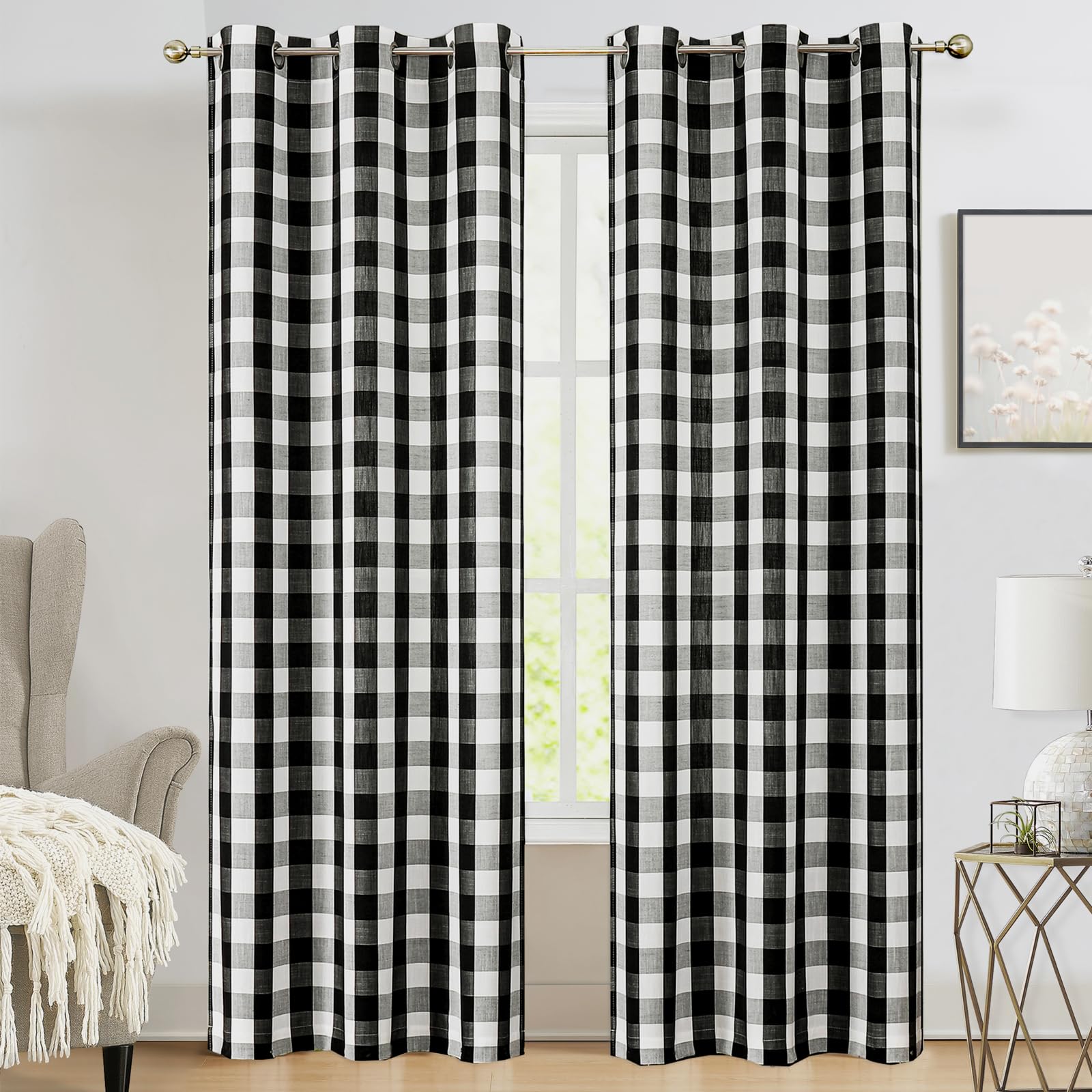 Amzdecor Buffalo Plaid Grommet Curtains 84 Inch Length, Semi-Sheer Farmhouse Rustic Check Textured Curtains Drapery for Living Room Bedroom,2 Panels （