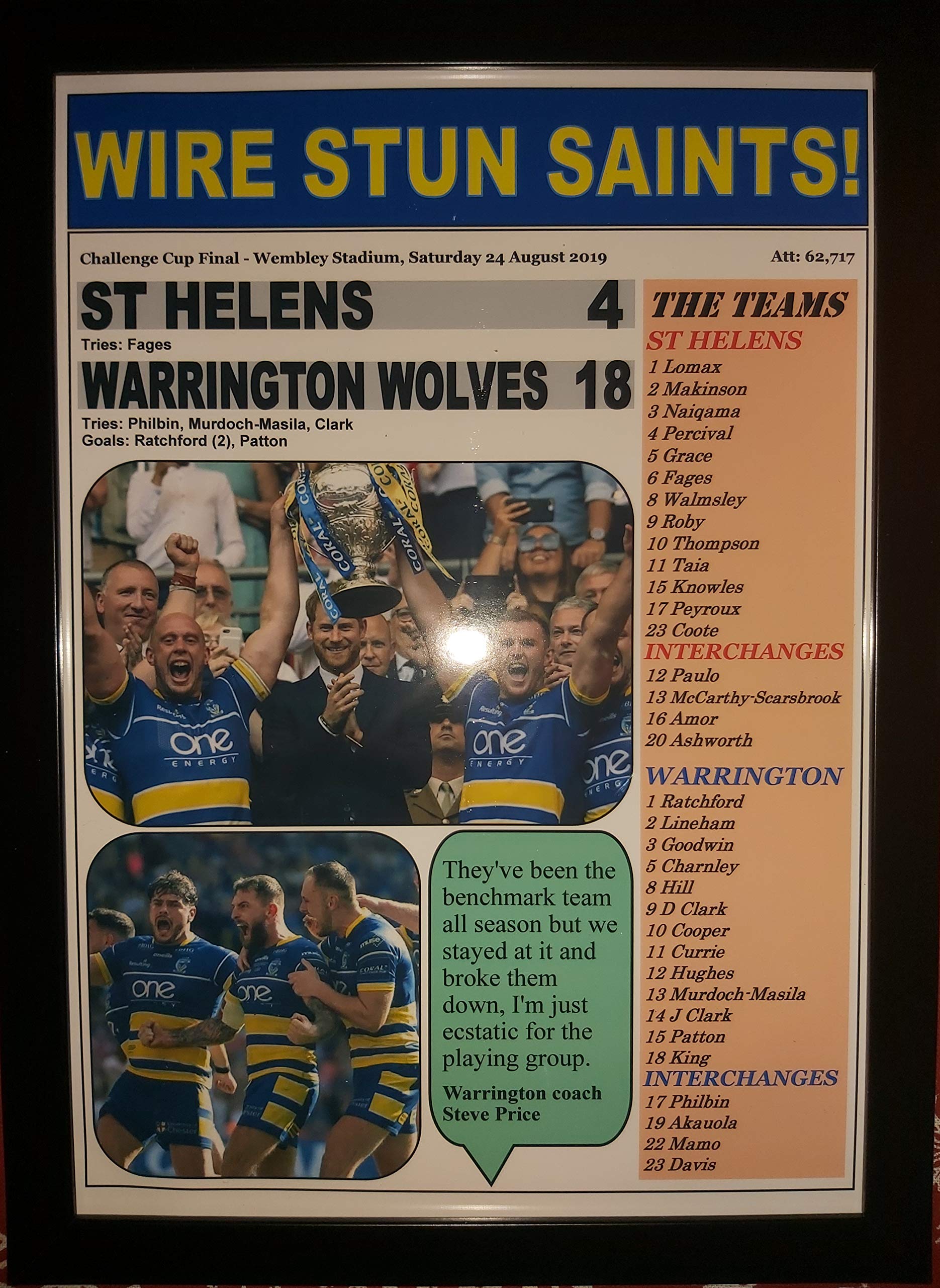 Assorted Black Warrington Wolves 18 St Helens 4-2019 Challenge Cup Final - Framed Print