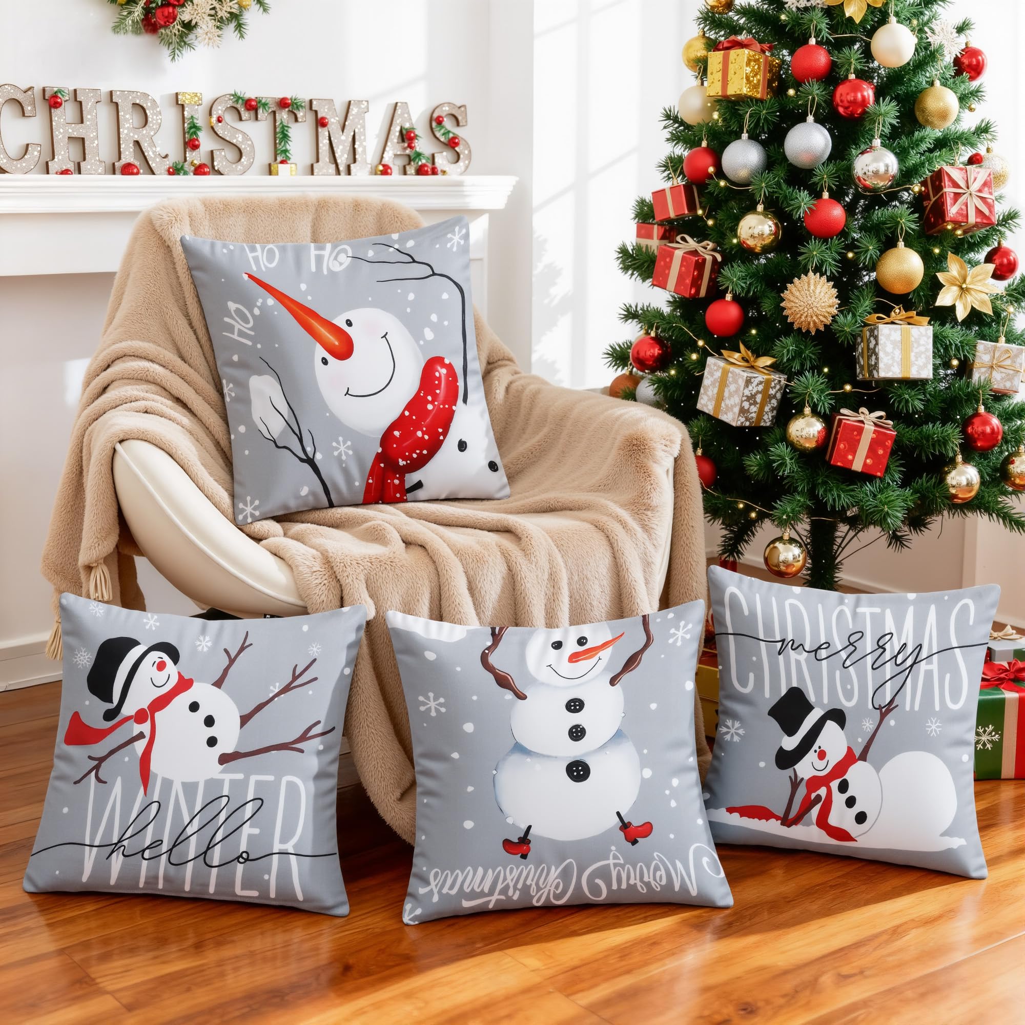 Lieson Kussenslopen kerstmotief, kussenslopen bankkussen sierkussen 45 x 45 cm, set van 4 paarse sneeuwvlokken boomballen, polyester
