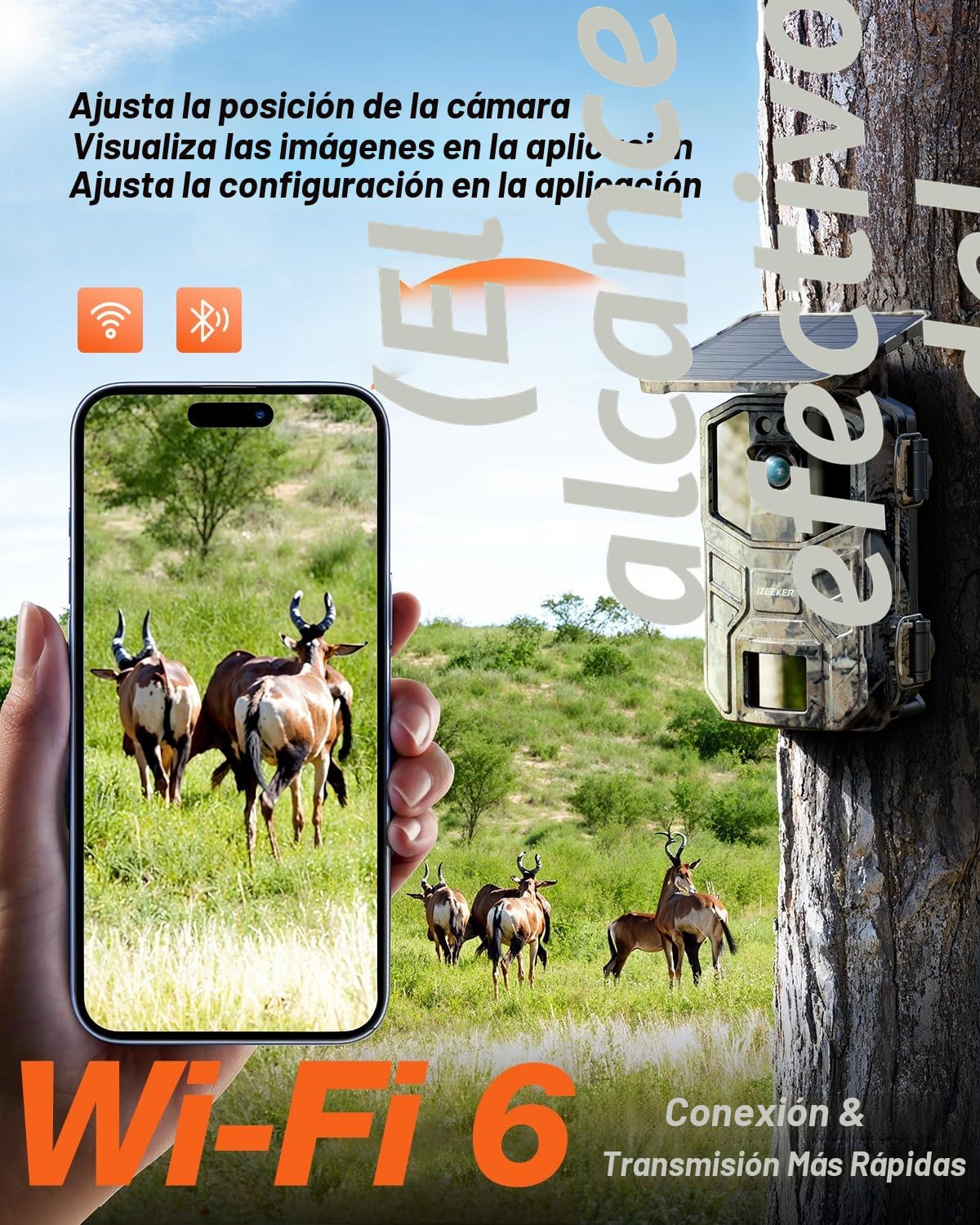 iZEEKER Cámara de Caza Solar, 4K Ultra HD 64MP Camara Fototrampeo con 64GB Micro SD Karte & 5200mAh Batería Recargable, Envio al Movil App y WiFi Bluetooth, Visión Nocturna, IP66 Impermeable
