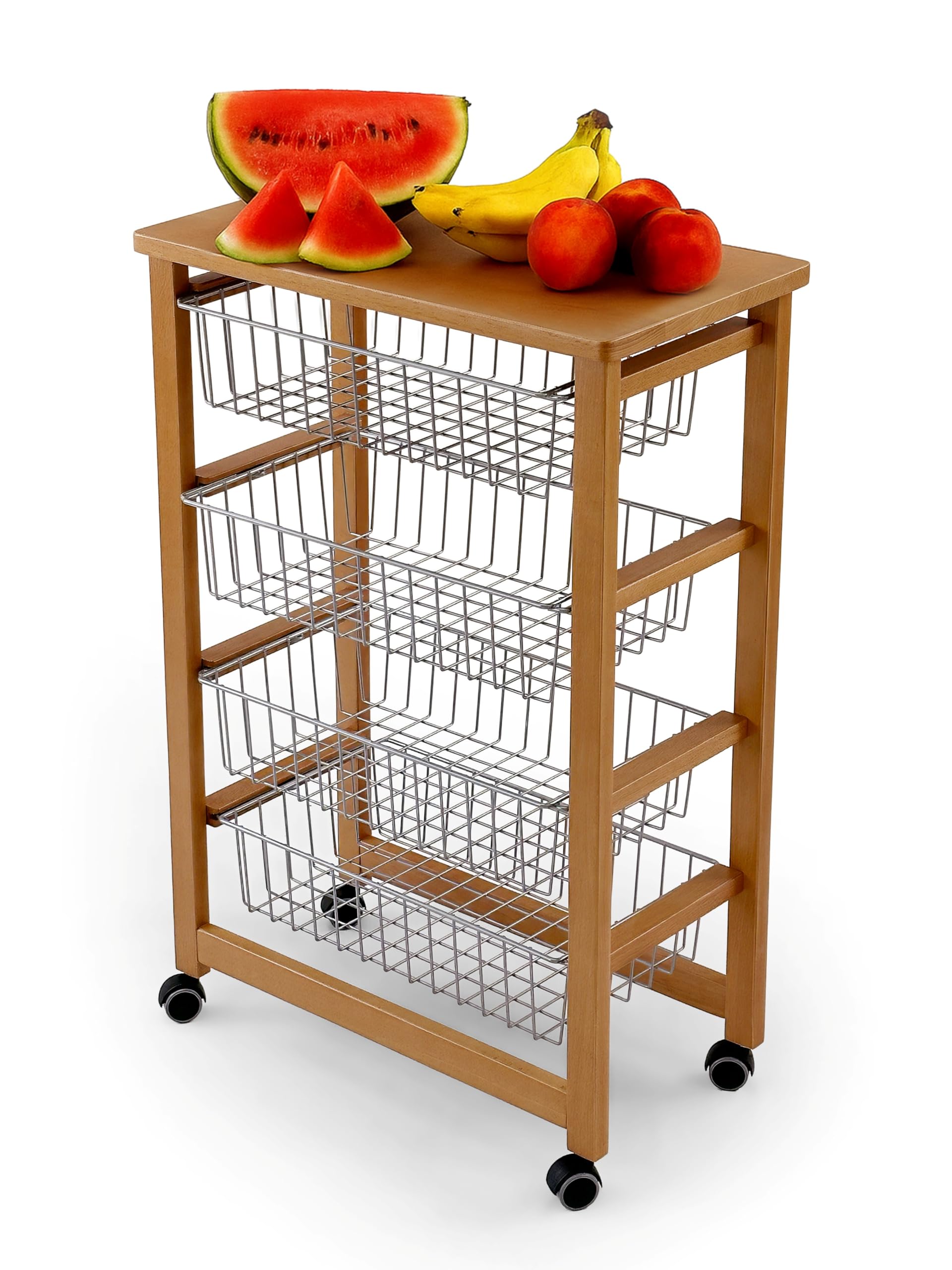Arredamenti Italia Carrello da cucina MIKON, Carrello da cucina con piano di lavoro in faggio massiccio, 4 cestelli - Colore ciliegio