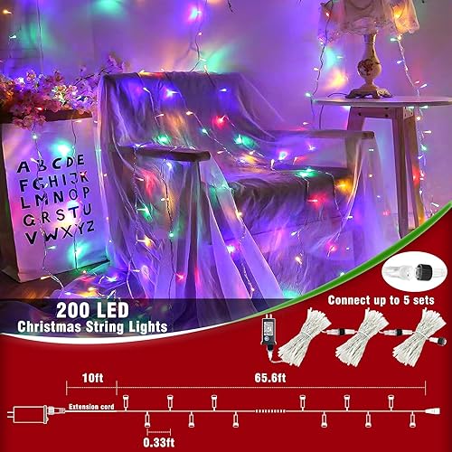 Miniatura 2 de Tira de 200 luces LED de Navidad de 66 pies para exteriores, 8 modos, cable transparente con memoria de tiempo, impermeable, enchufable, para