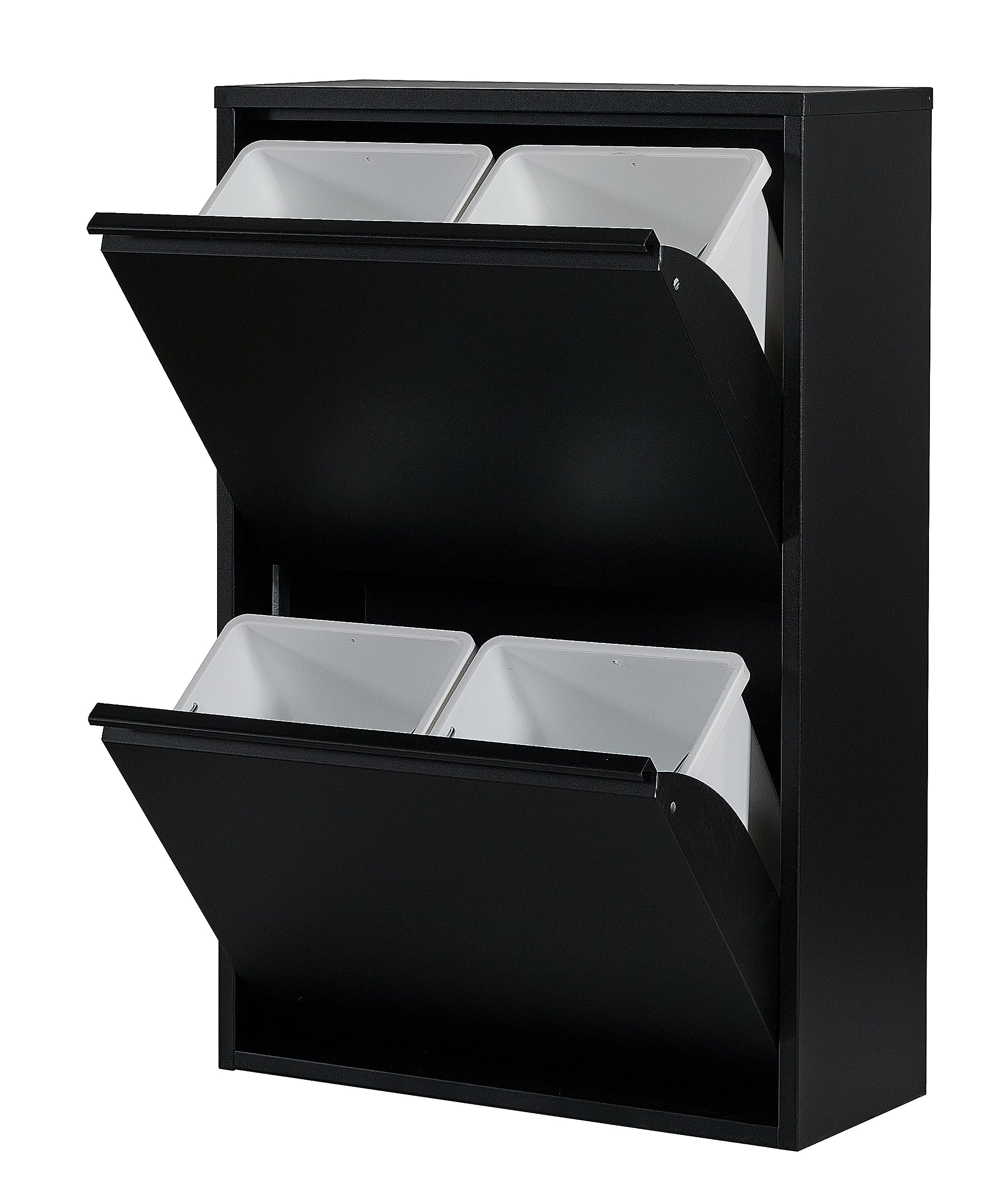 Atahome Recycling Bins for Kitchen Metal Slim Trash Bin Cabinet 4 Bins Plastic Buckets with Metal Handles, 4x15 Litres Bin Divider Storage Organiser, Sturdy Rubbish Bin Didyma 2+2 Drawer (Black)