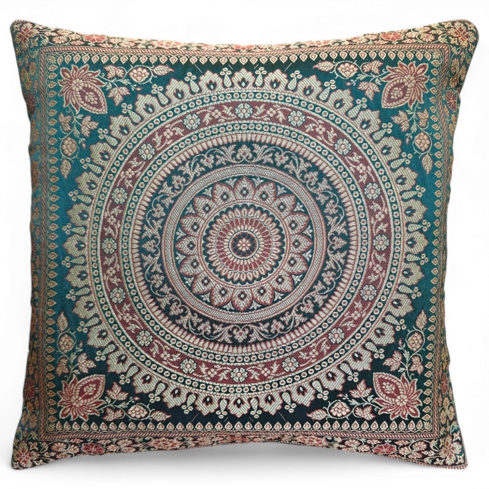 Original Kikan Dark Green Indian Patchwork Mandala Sari Ethnic Silk Banarsi Cushion Covers Mandala 16"X16" (Dark Green)