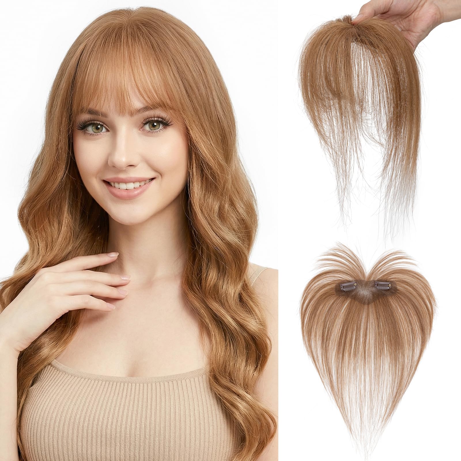 Clip in Pony Echthaar 100% Remy Haar, Luftiger Französischer Pony für Lichte Schläfen, Natürliche Haarteile Echthaar Handgeknotet für Damen #6 Hellbraun