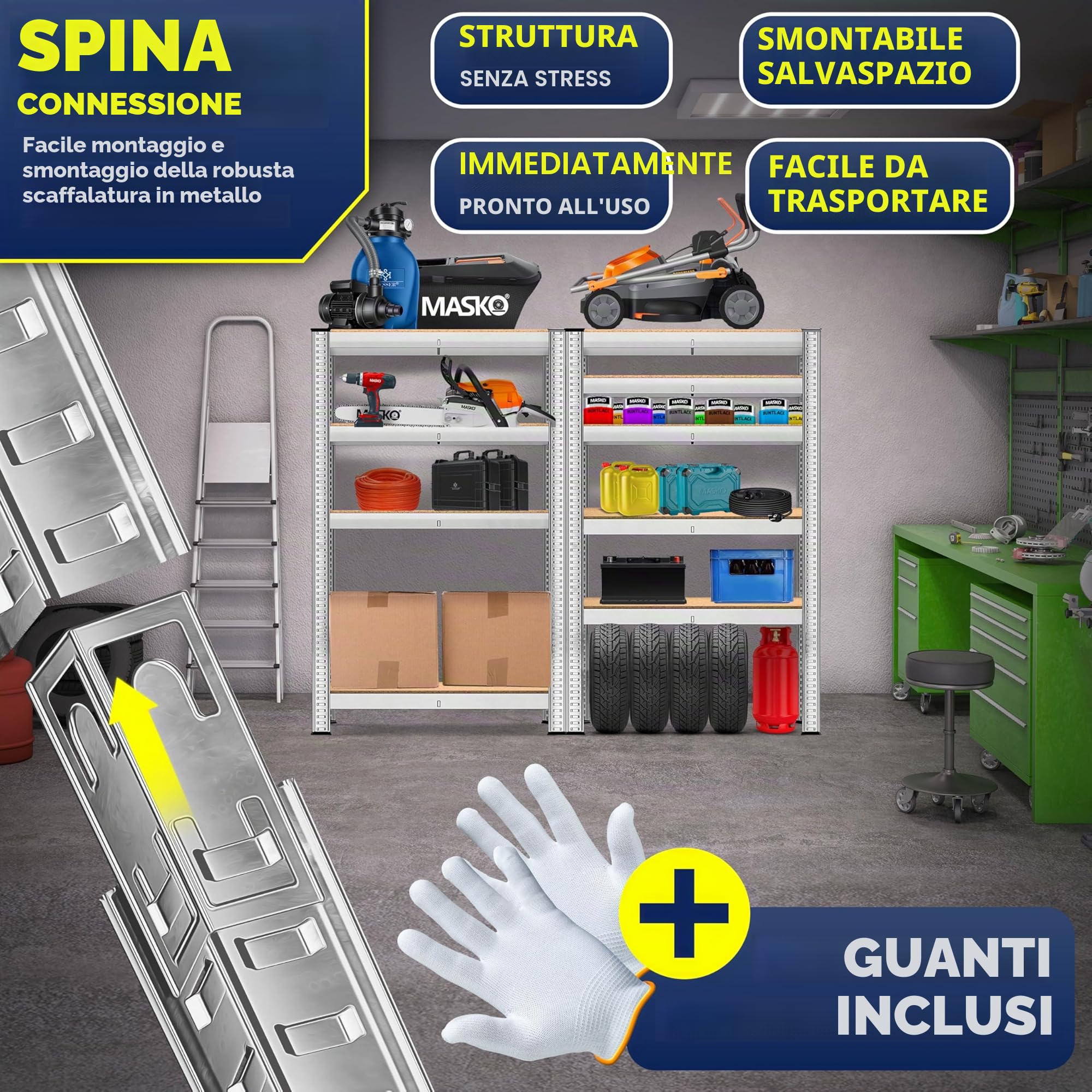 MASKO® - Scaffale per carichi pesanti, 2 pezzi, 180x90x40 cm, portata fino a 875kg, con 5 ripiani regolabili, in pannelli di fibra a media densità (MDF) e metallo, per officina, cantina, garage,