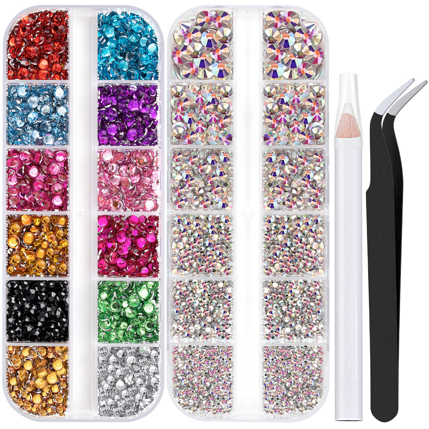 Two Packs of Flatback Rhinestones 4520 Pcs Colorful Nail Art Flatback Crystal Colorful+AB Rhinestone with Picker Pencil and Tweezer for Nail Art and