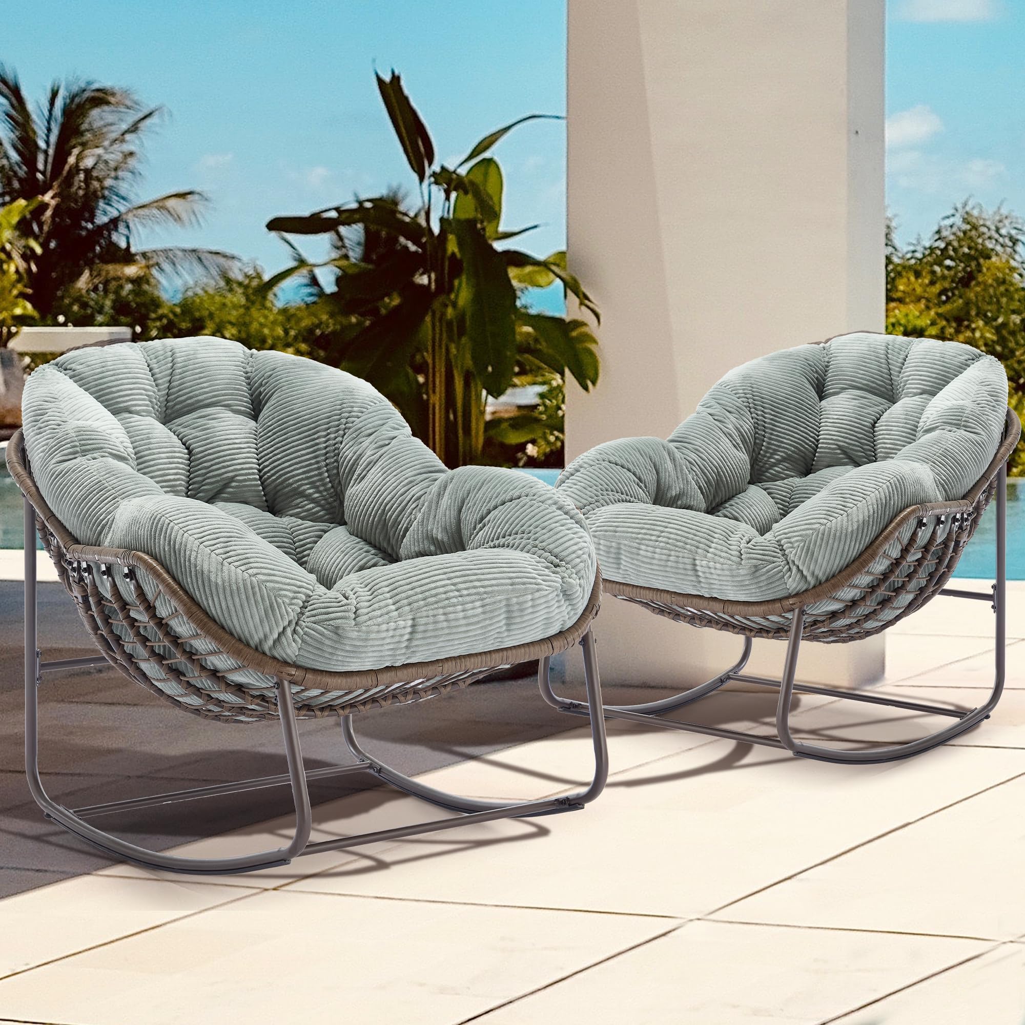 Villeston Oversized Papasan Rocking Chair - Outdoor Luxury Comfy Patio Chair Set of 2, Indoor Egg Royal Rattan Rocking Chair with Strip Velvet Cushion
