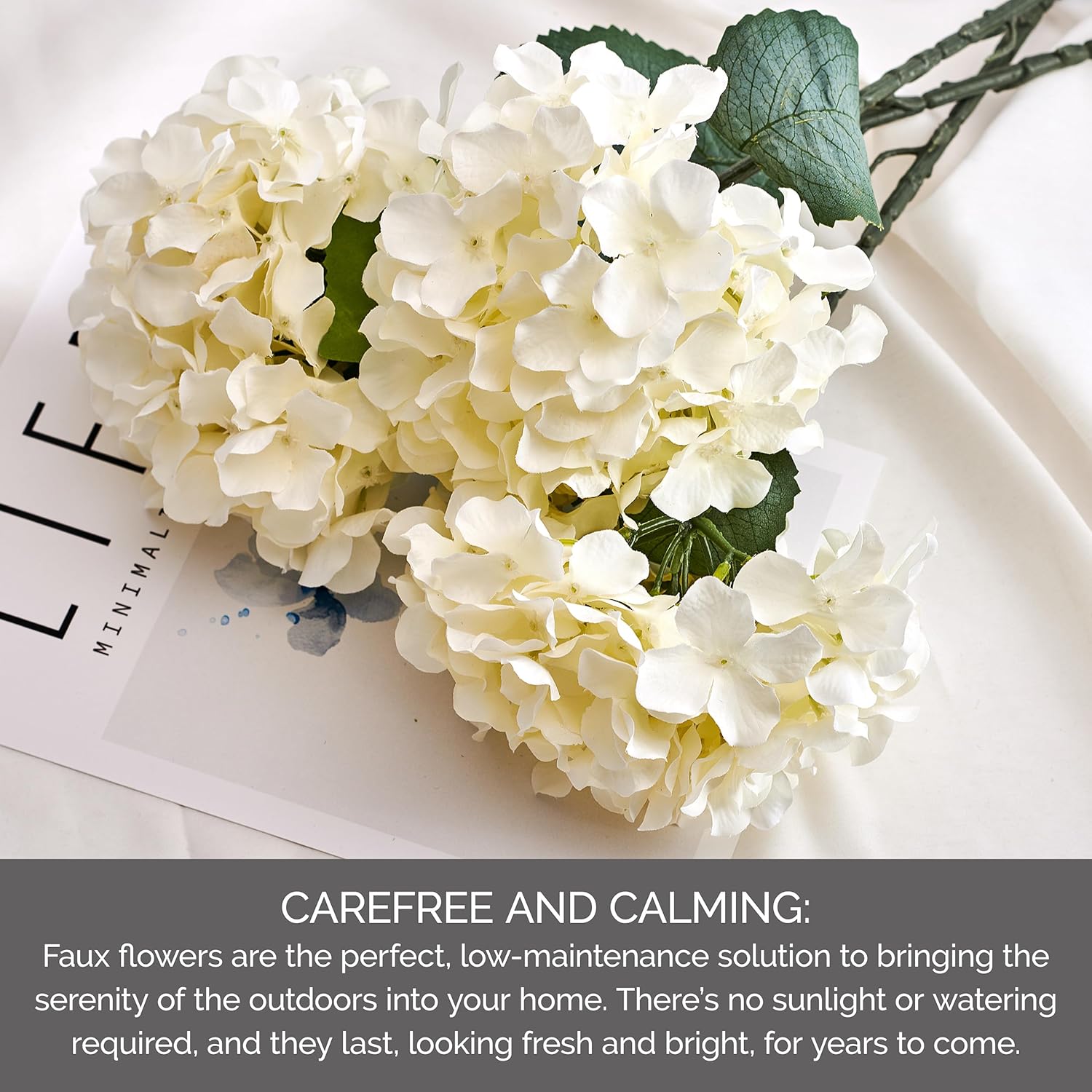 Mikasa Elements Artificial White Hydrangea Stems, 18 in Faux Flowers for Home Decor, Realistic Fake Flowers for Vase, Bouquets, Living Room, Bedroom, Wedding Arrangements - Set of 3