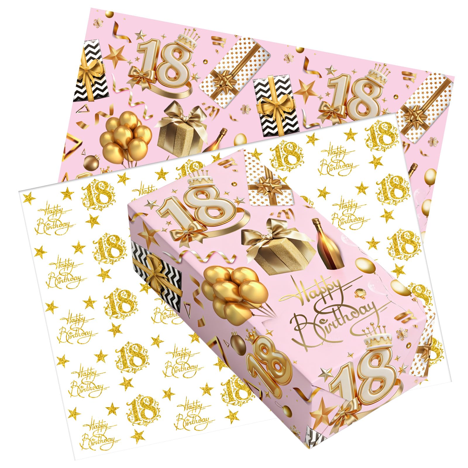 10pcs 18th Birthday Wrapping Paper,50 * 70cm Rose Gold 18th Happy Birthday Gift Wrap Paper and Tissue Paper Eco-friendly Gift Wrap Perfect for Wrapping Present or Flower for Girls Woman