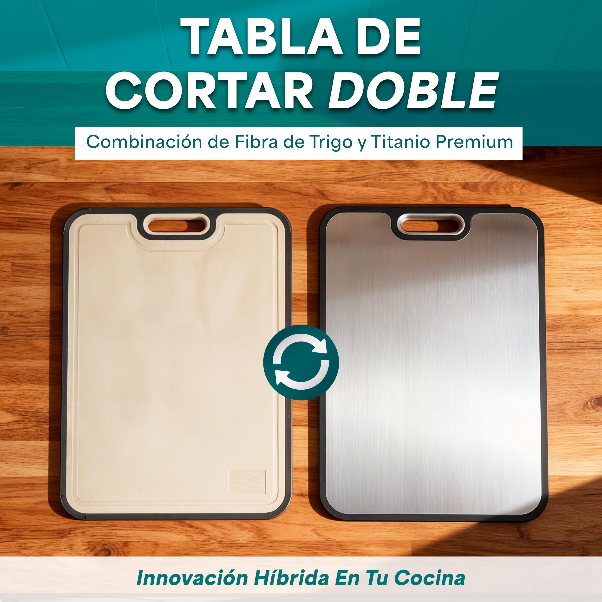 Tabla de Cortar Titanio Puro Doble Cara 31x21 cm - Antibacteriana, Antideslizante, Sin BPA ni Olores - Cara de Titanio y Fibra de Trigo - Tabla Cocina Higiénica Premium