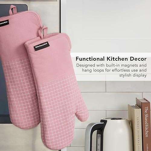 Miniatura 6 de KITCHENAID Gourmet Series Gridlines - Juego de 2 guantes de horno resistentes al calor hasta 600 F, agarre de silicona suave, puño magnético, rosa