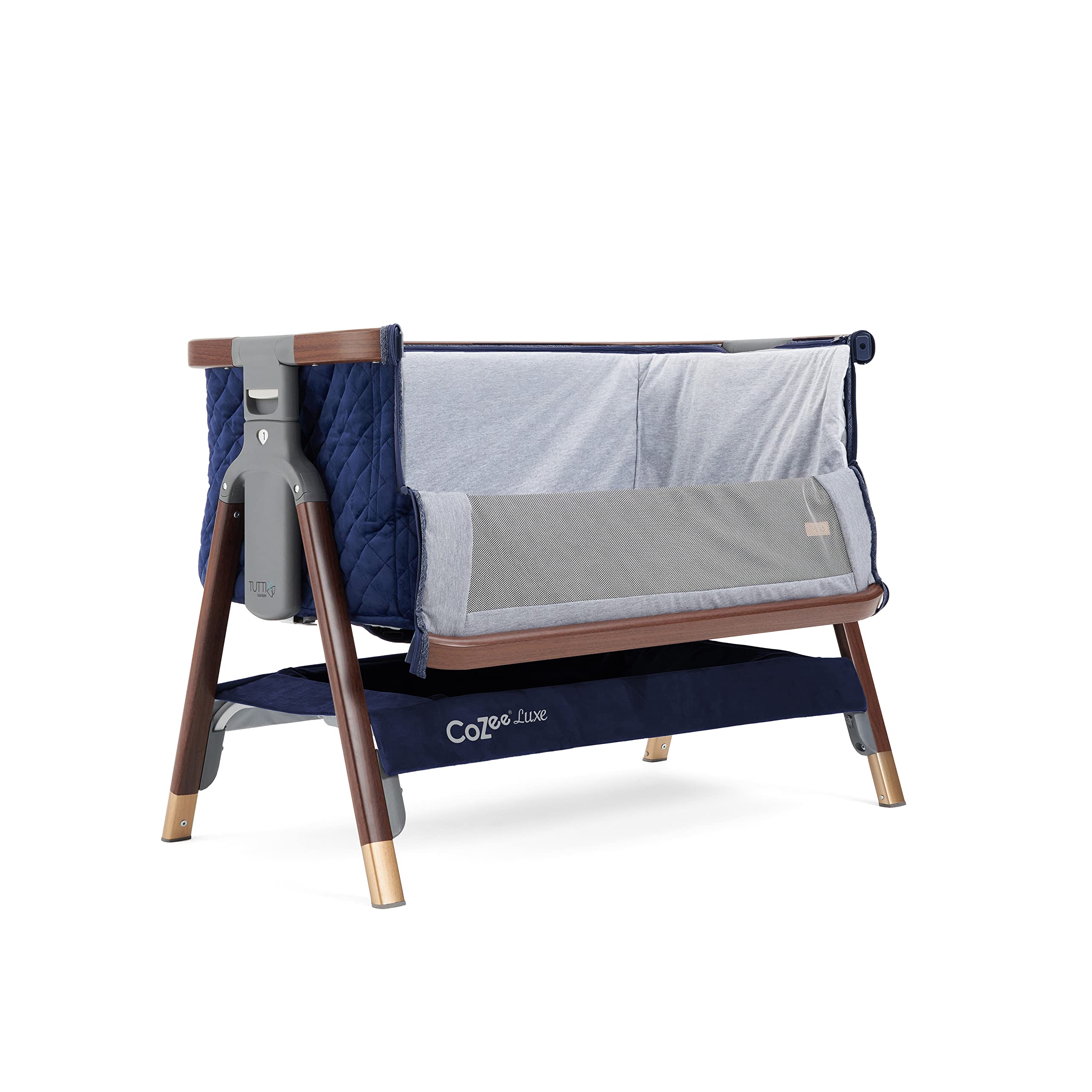 Tutti Bambini Cozee Luxe Bedside Crib | Suitable from Birth to 6 Months, Soft-Touch Upholster, Washable 100% Cotton Lining | Crib Mattress, Co-Sleeping Safety Straps & Carry Case | Walnut/Navy