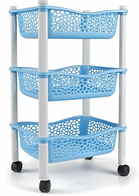 Maxi Nature Kitchen Storage Trolley - 3 Tier Vegetable Rack on Wheels - Sturdy, Durable, Heavy Duty - Rolling Cart for Kitchen, Office, Bathroom - Store Books, Art & More - Made in EU - Blue