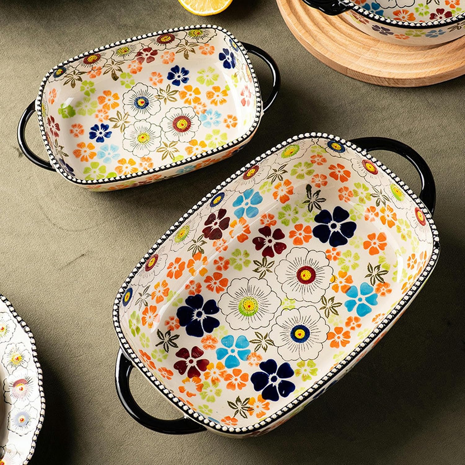 Vintage Rice Bowls ，Ceramic Tableware Rice Bowl,household cheese baked rice tableware double-eared bowl - handle round baking bowl,(Round Baking Bowl)