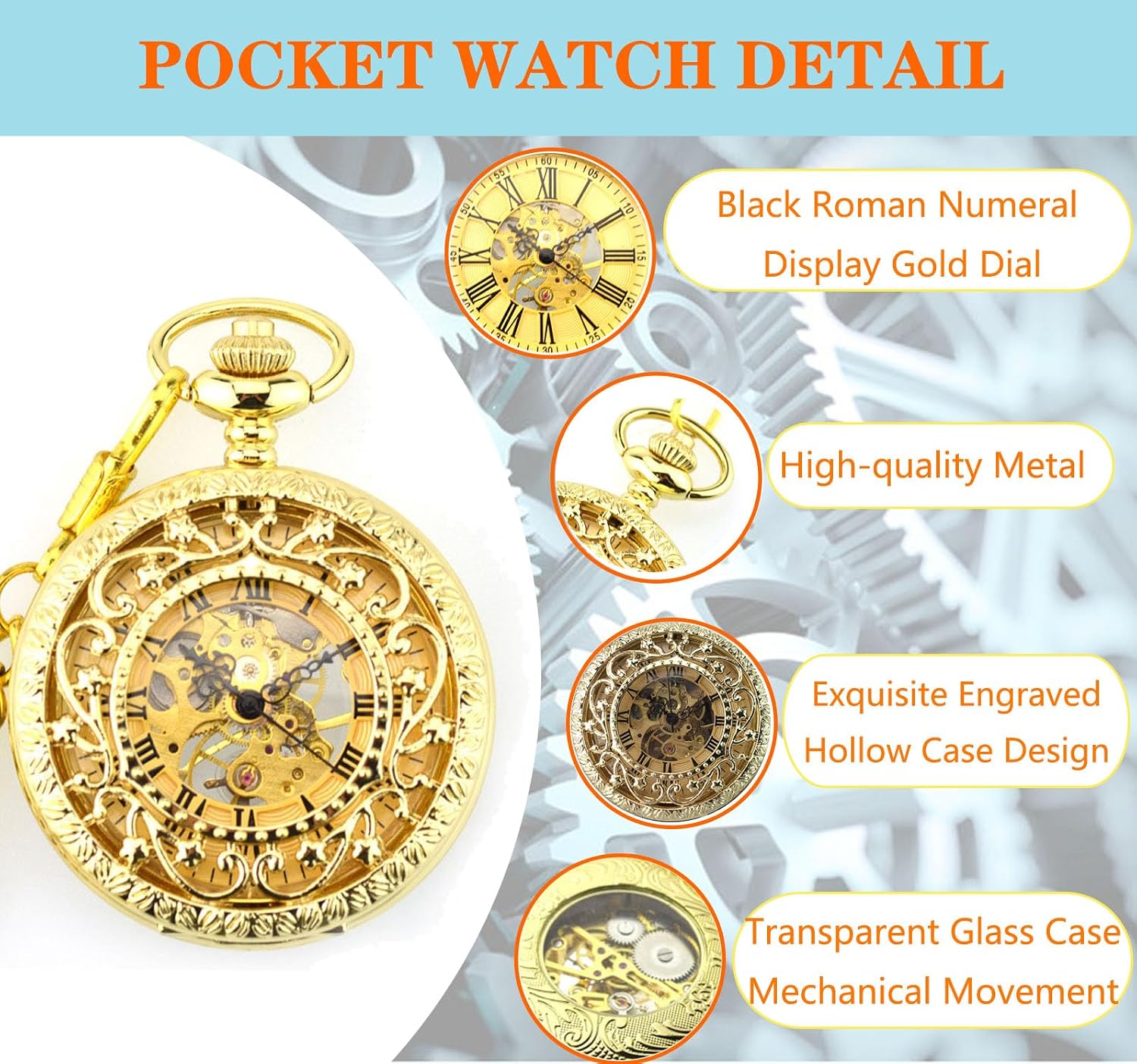 Ddjbdb Mechanical Pocket Watch for Men Skeleton Flower Hook Pocket Watches with Gift Box for Him Husband Son Dad Father Gifts