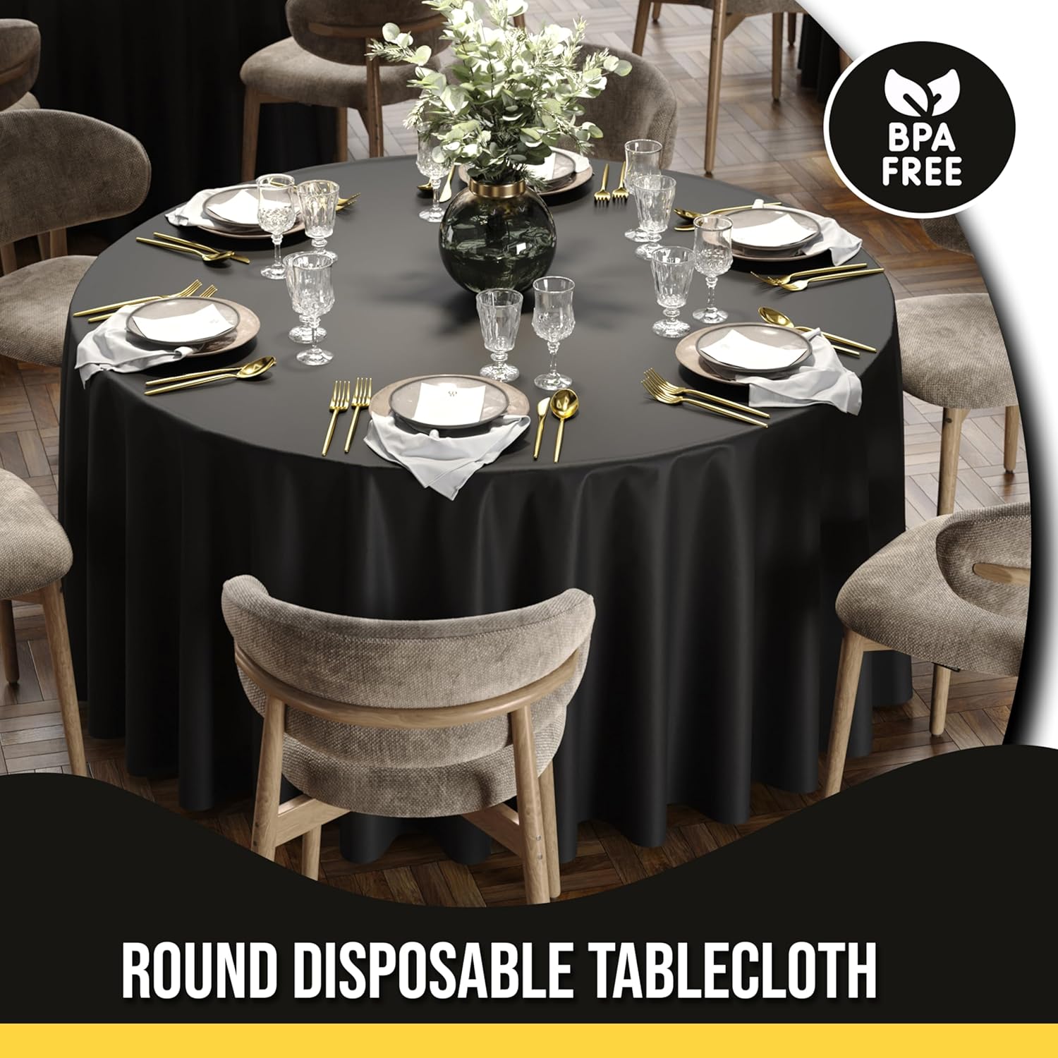 12-Pack Black Round Plastic Tablecloth Disposable – Size: 108 Inches – Round Plastic Table Cloths for Parties, Picnics & Formal Events