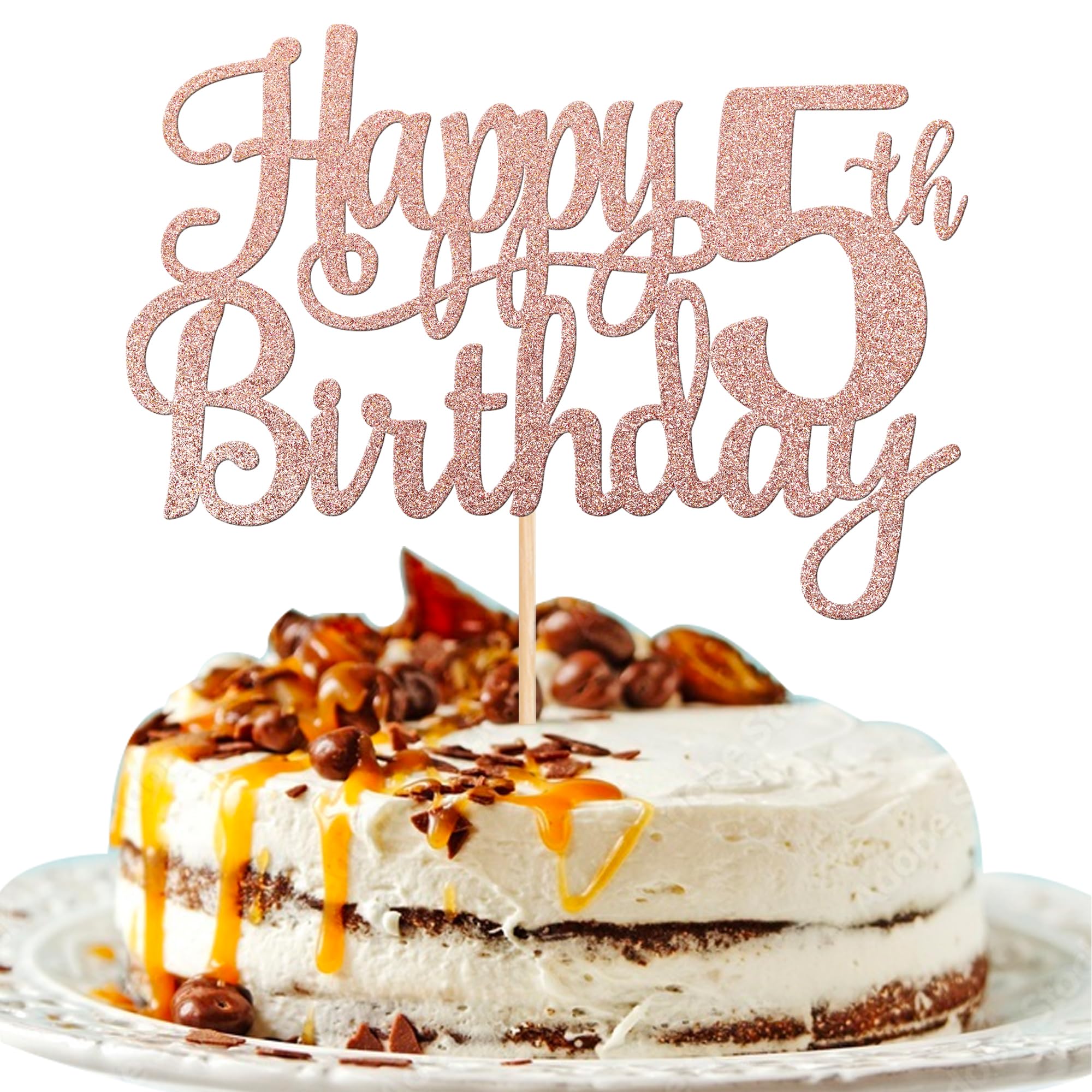 Happy 5th Birthday Cake Topper – Glitzer Herz Stern „5 Fabulous“, Roségold