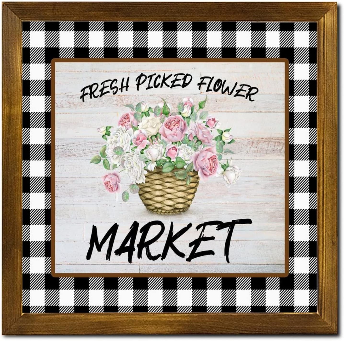 Fresh Picked Flower Market Framed Wooden Signs Buffalo Plaid Rose Flower in Pot Wood Plaque Classic Blossom Floral Wall Art Home Decorative for Grandpa Papa Dad Boyfriend Teacher 12x12 inch