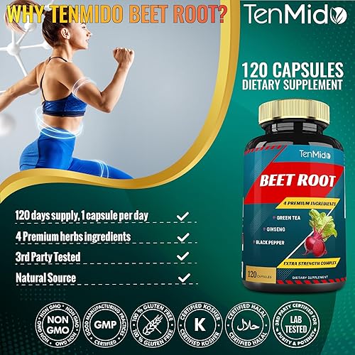 Miniatura 8 de Cápsulas de extracto de raíz de remolacha, suministro de 4 meses y té verde, ginseng, pimienta negra | Aumento de energía, apoyo de rendimiento