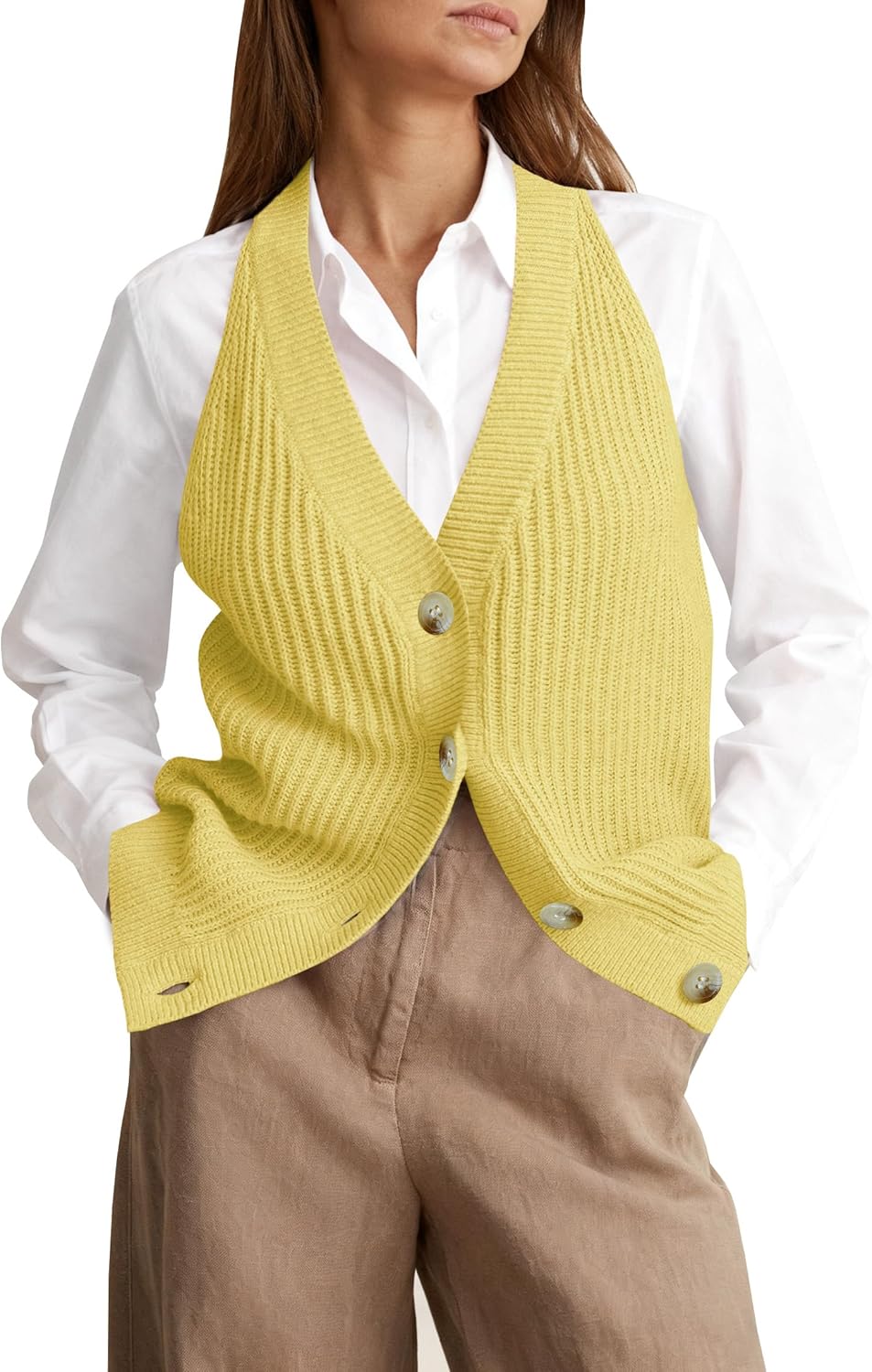 Womens Button-Front Sweater Vest Top V Neck Sleeveless Knit Tank Fitted Halter Raceback Cardigan Vest - Image 3