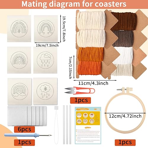 Miniatura 15 de Kit de posavasos con aguja perforadora, kit de bordado de aguja perforadora para principiantes y adultos, posavasos de automóvil, posavasos