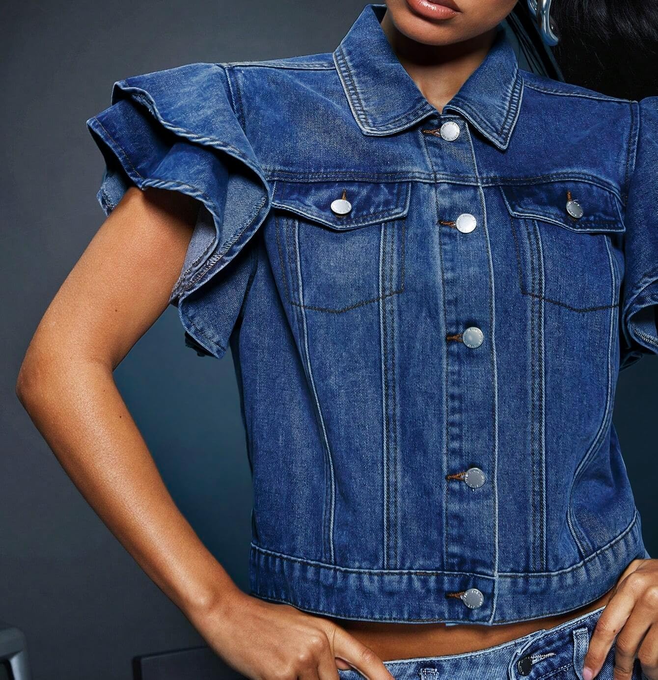 LifeShe Cropped Denim Jacket for Women Summer Ruffle Sleeve Button Down Crop Jean Jacket Casual - Image 4