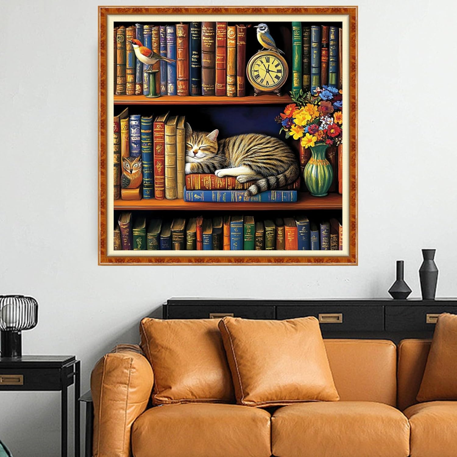 Funchey Counted Cross Stitch Kits for Adults Needlepoint Kits Unprinted Cross Stitching Embroidery Kit 11CT Cross Stitch Supplies-Cat Sleeping in on the Bookshelf 18x18 inch