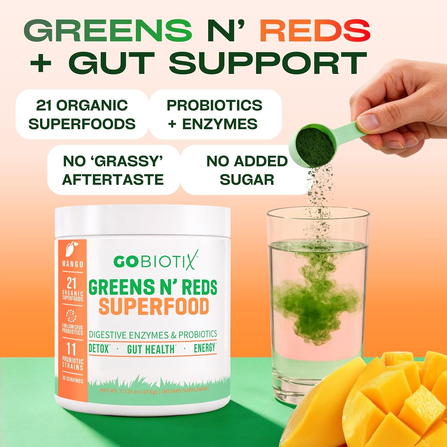 GOBIOTIX Super Greens Powder with Beet Root, Spirulina, Moringa & Chlorella – Probiotics, Enzymes & 21 Superfoods – Zero Sugar, Vegan, Non-GMO – 90 Servings, 3-Pack (Mango)