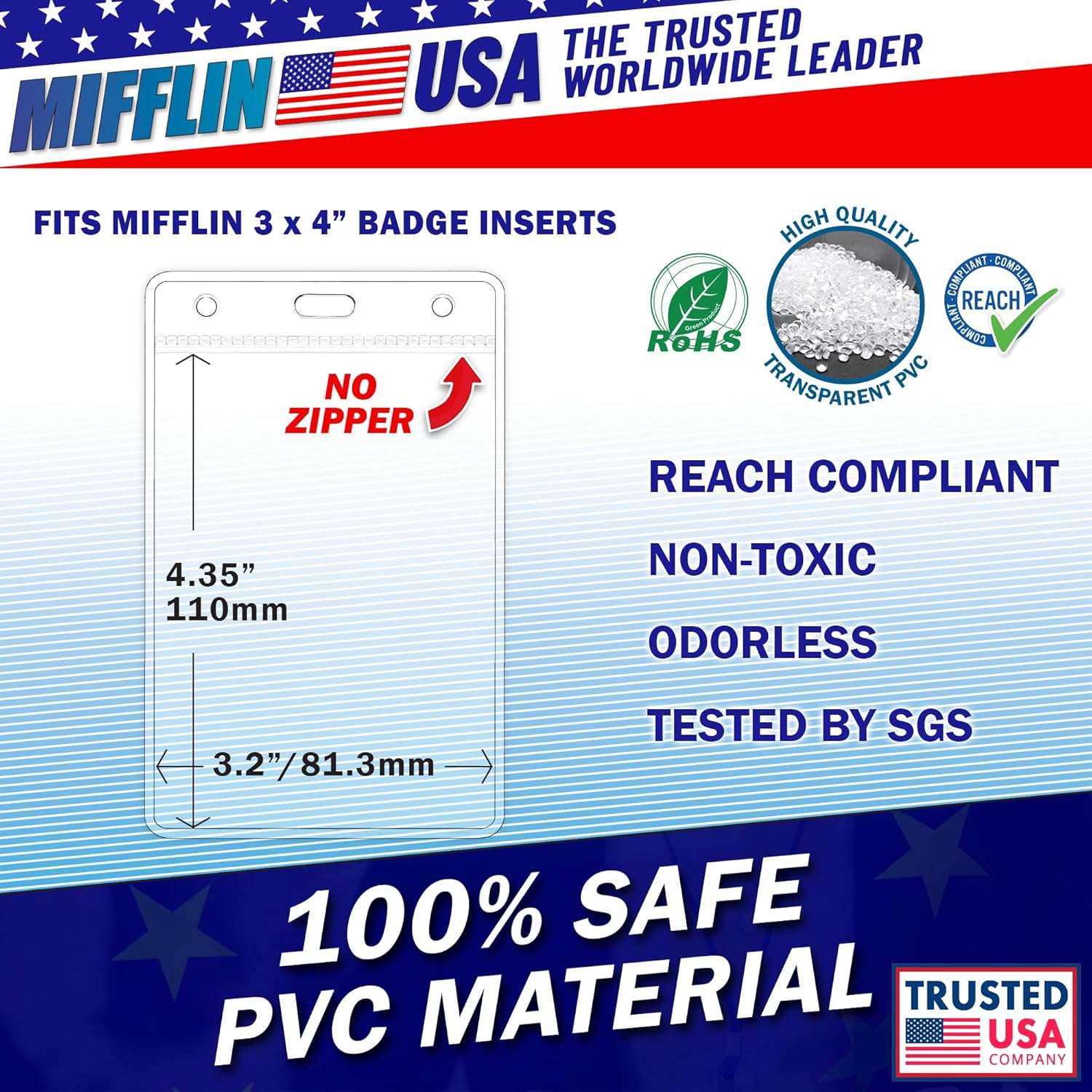 Mifflin-USA Plastic Vertical Card Holder (3x4 Inch, Clear, Bulk 250 Pack) Quick Load No Zipper Name ID Badge