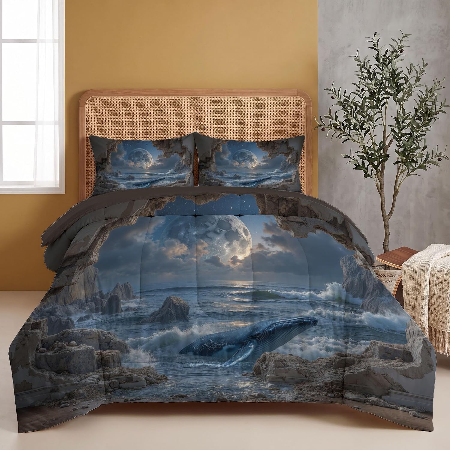 Fantasy Ocean Comforter Set Queen Size, 3D Whale Moon Bedding Set for Girls Boys, Light Blue Quilt Bed 90"X90" Bedding Comforter Sets with 2 Pillowcase Room Decor