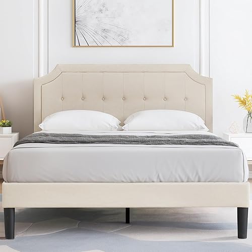 Miniatura 155 de VECELO Base de cama de plataforma de tamaño matrimonial con cabecera tapizada de tela y soporte de listones de madera, no necesita somier, fácil