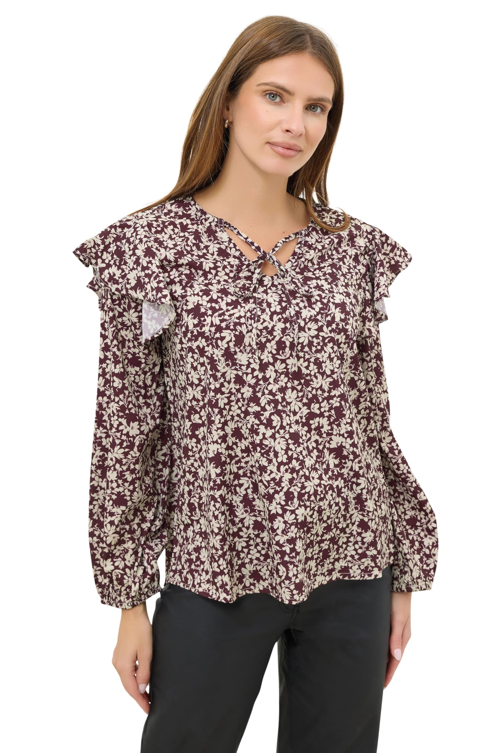 M&Co Berry Floral Print Tie Neck Blouse - Women's Purple